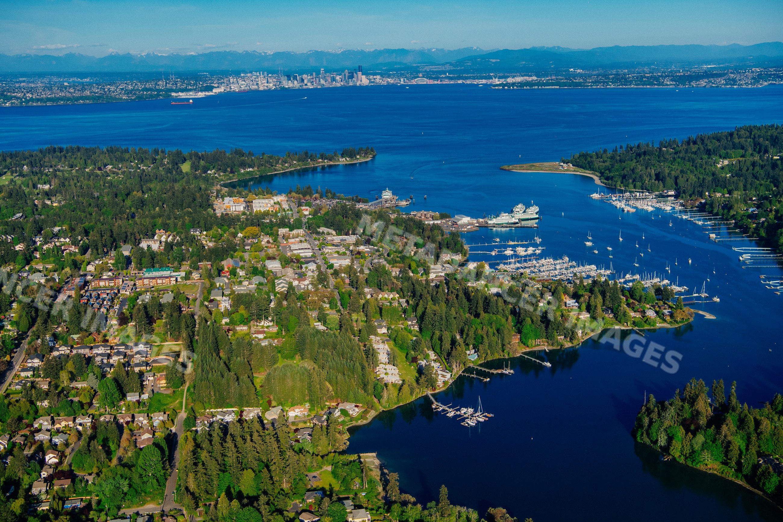 Aerial view of Bainbridge Island and Eagle Harbor marina with city