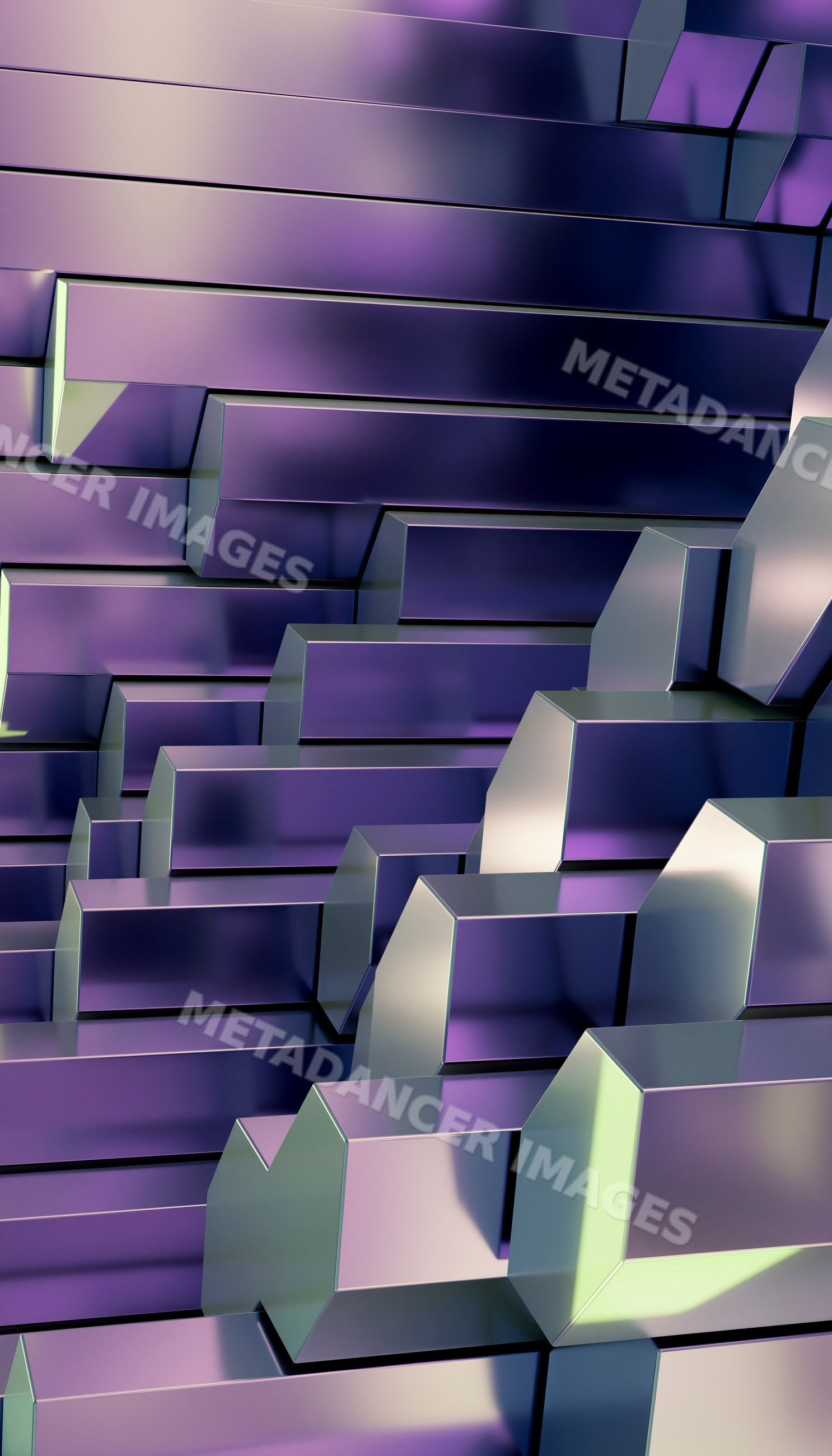 Abstract 3d geometric hexagonal shapes with reflective purple surfaces