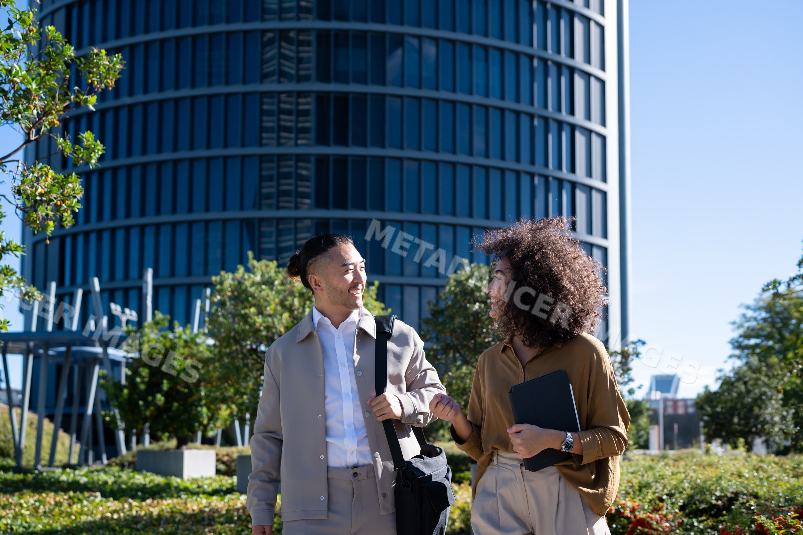 Business professionals walking and talking