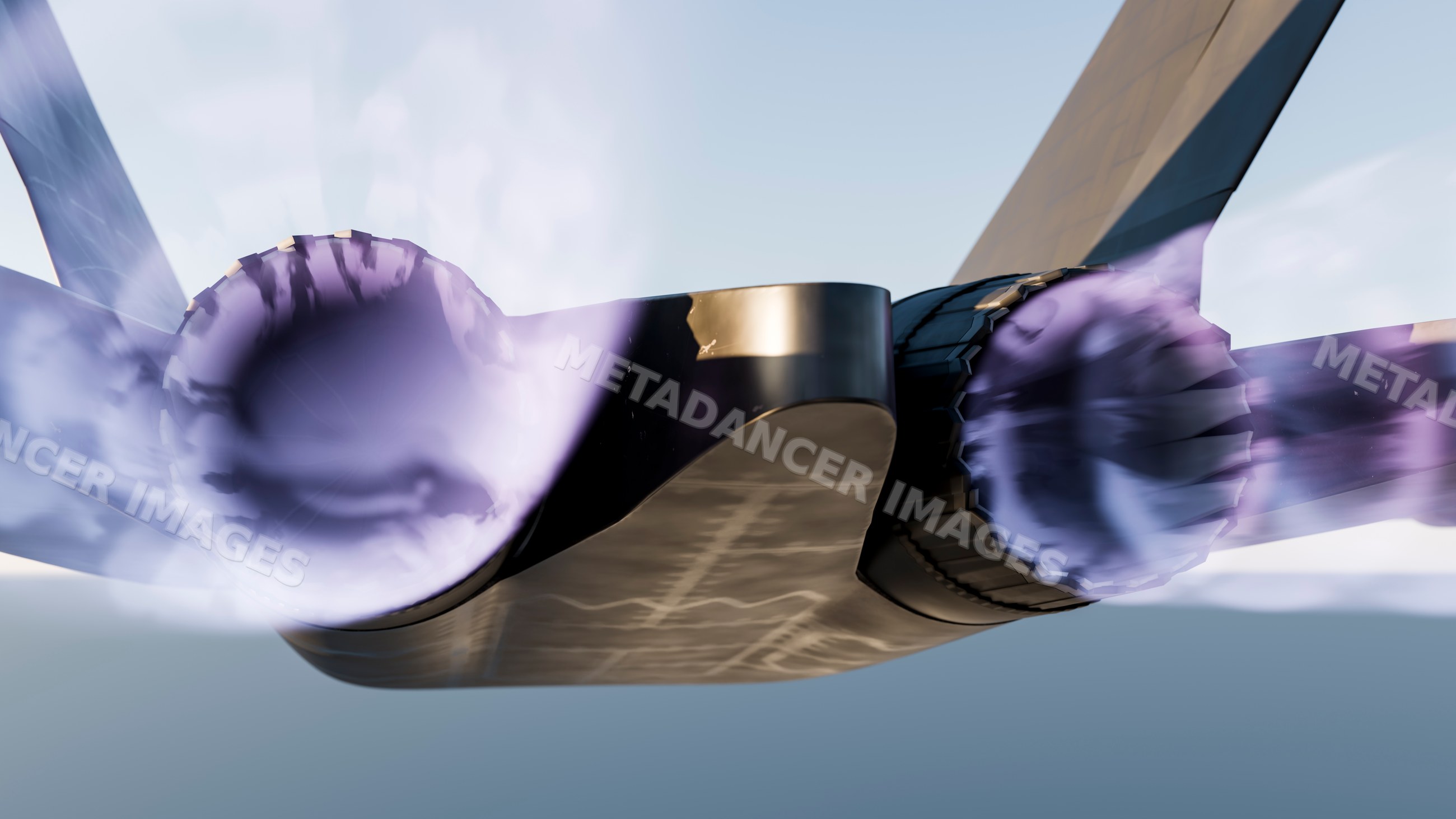 Jet fighter engines emitting purple afterburner thrust during flight