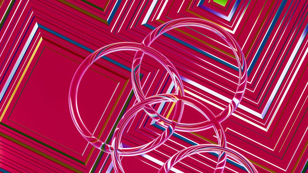 Interlocking colorful 3d rings on vibrant striped abstract background