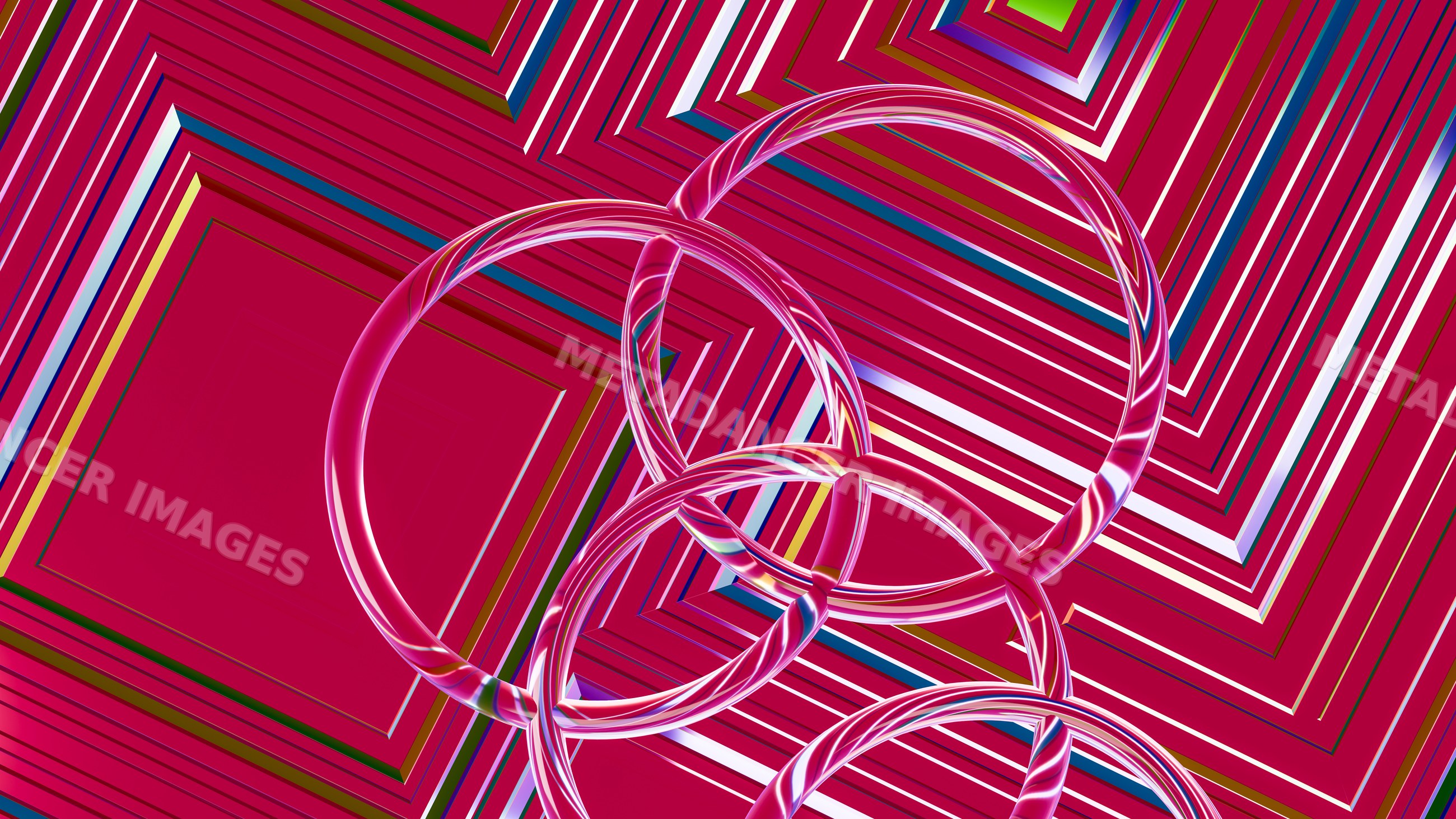 Interlocking colorful 3d rings on vibrant striped abstract background