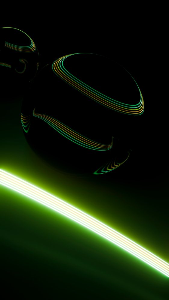 Dark reflective spheres with glowing striped reflections