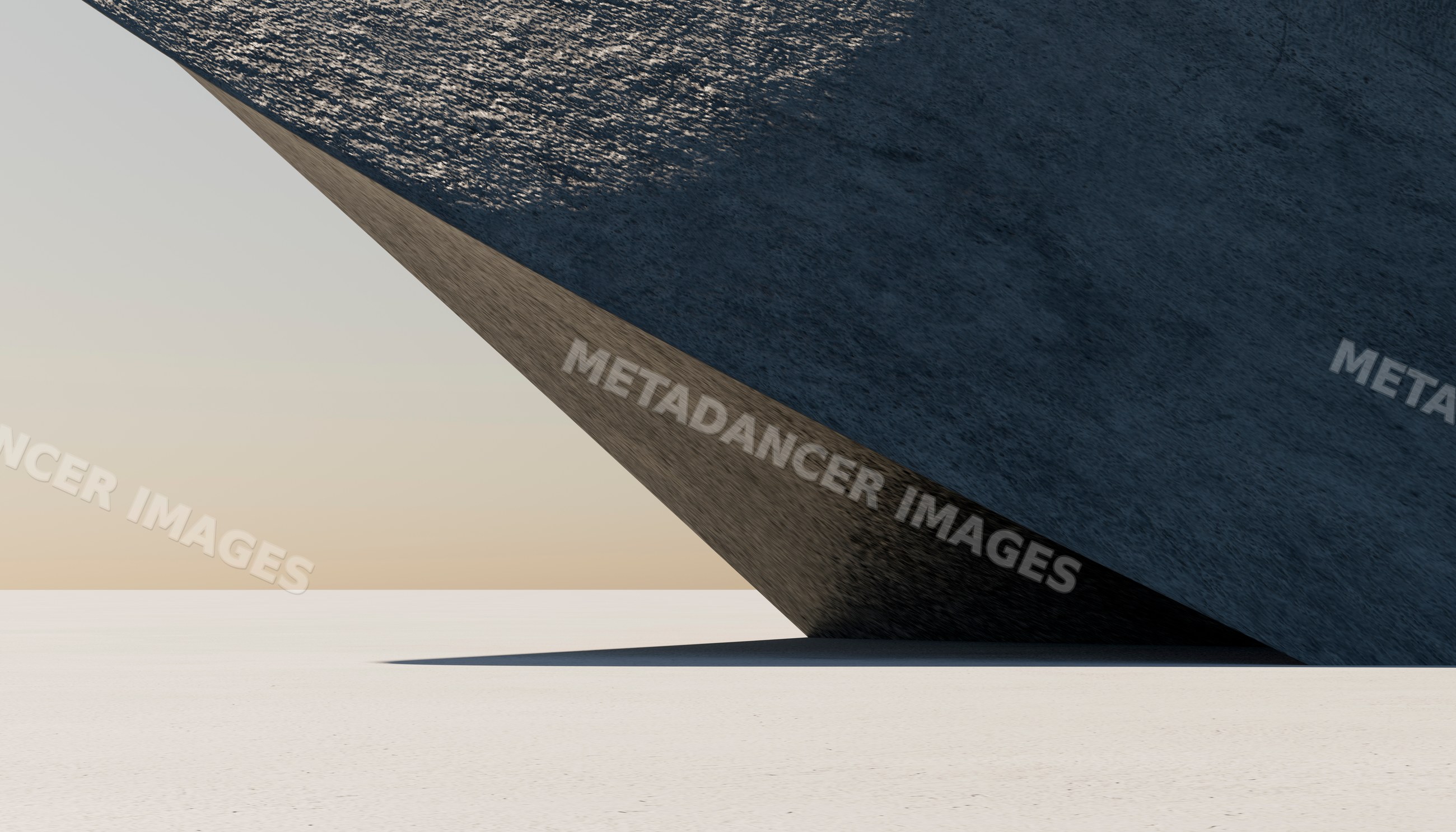 A large angular geometric structure casting shadows on desert sand