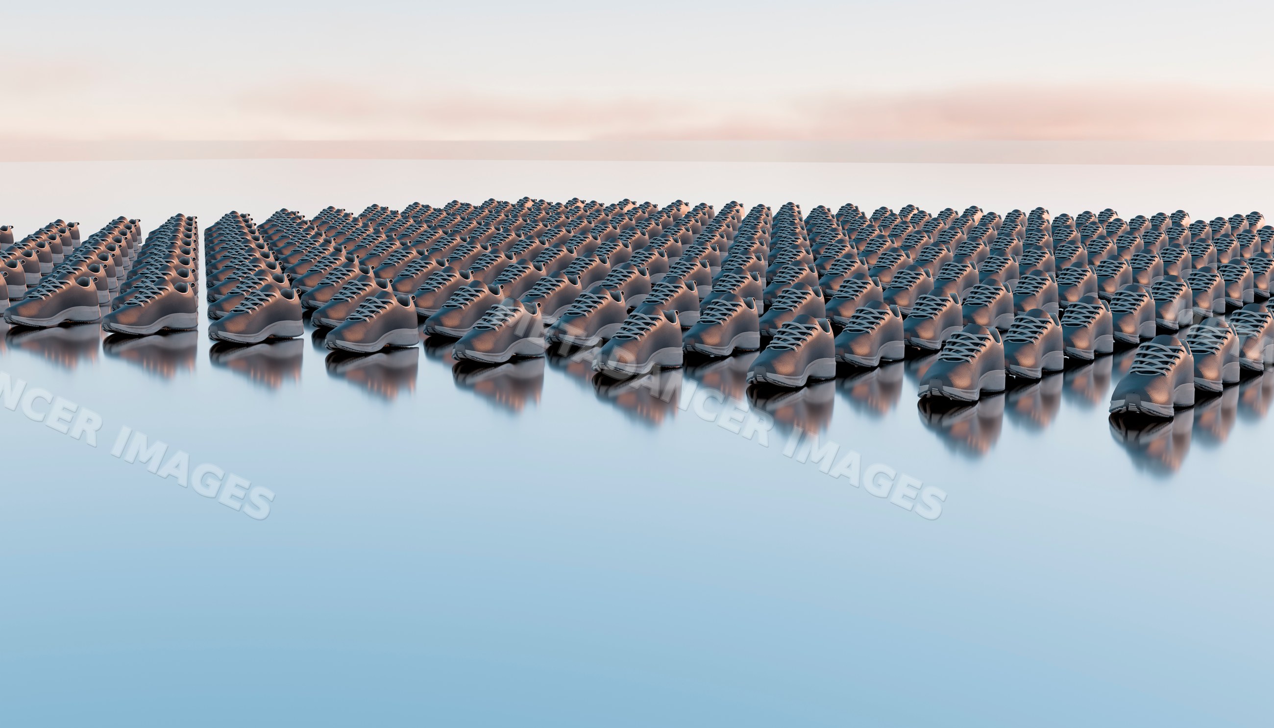 Pairs of grey shoes arranged in rows on a reflective surface