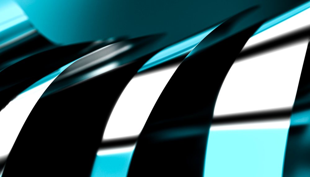 Abstract curved Black ribbons with blue light reflections on white