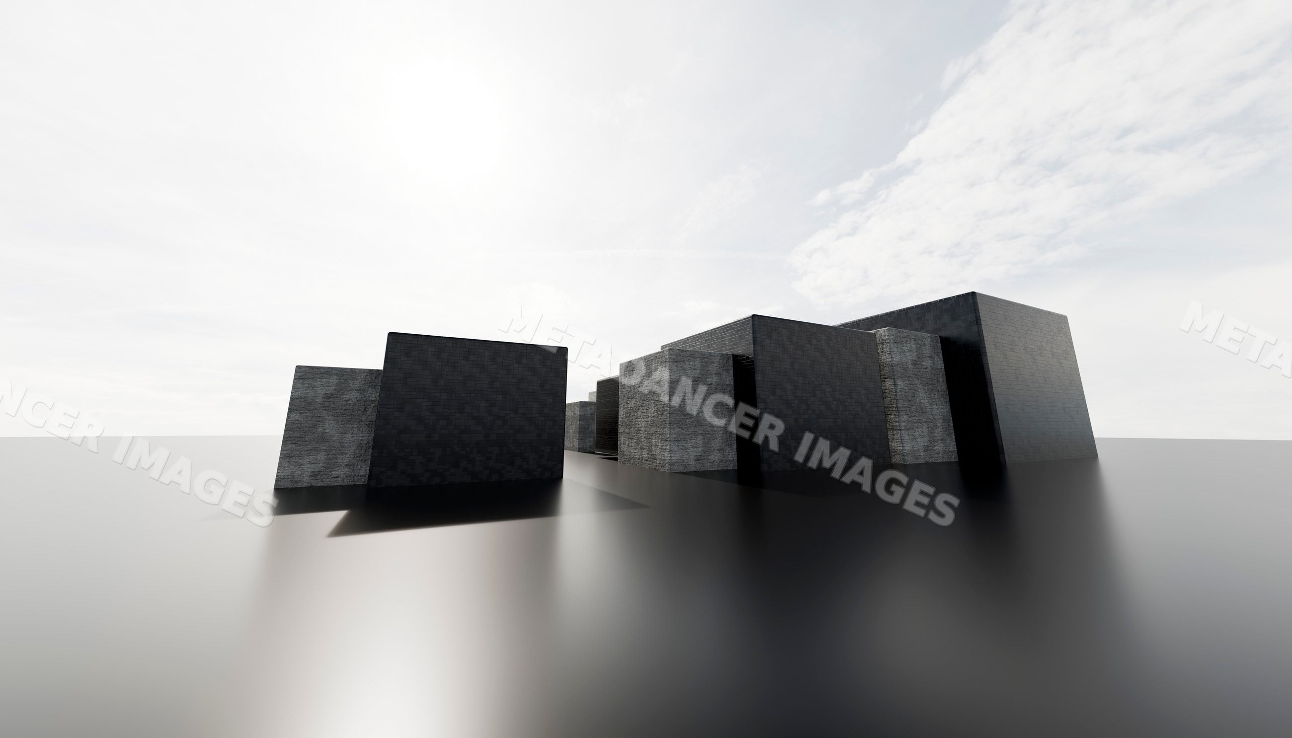 Abstract digital rendering of black and gray blocks