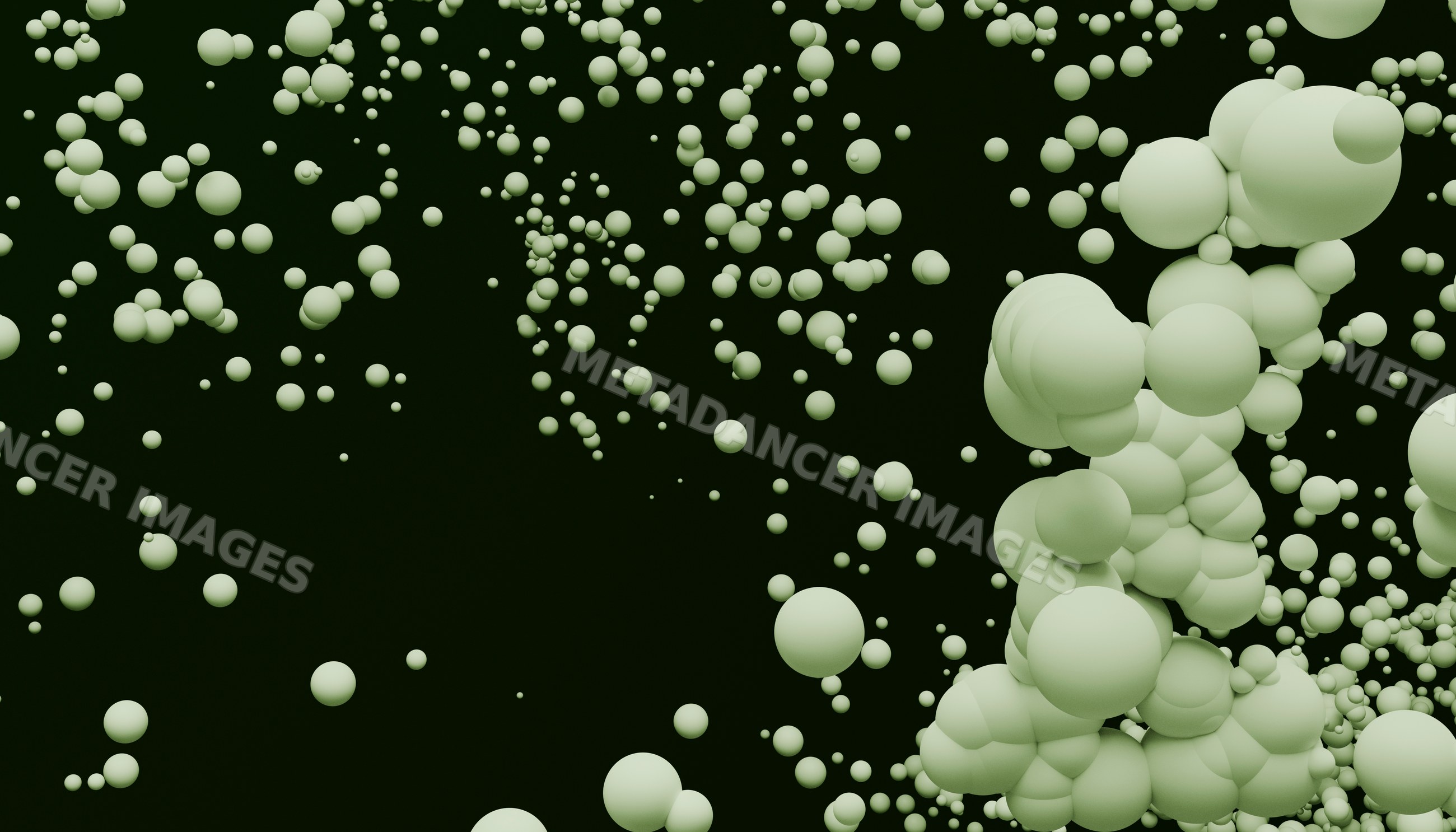 3d cluster of floating green spheres on Black background