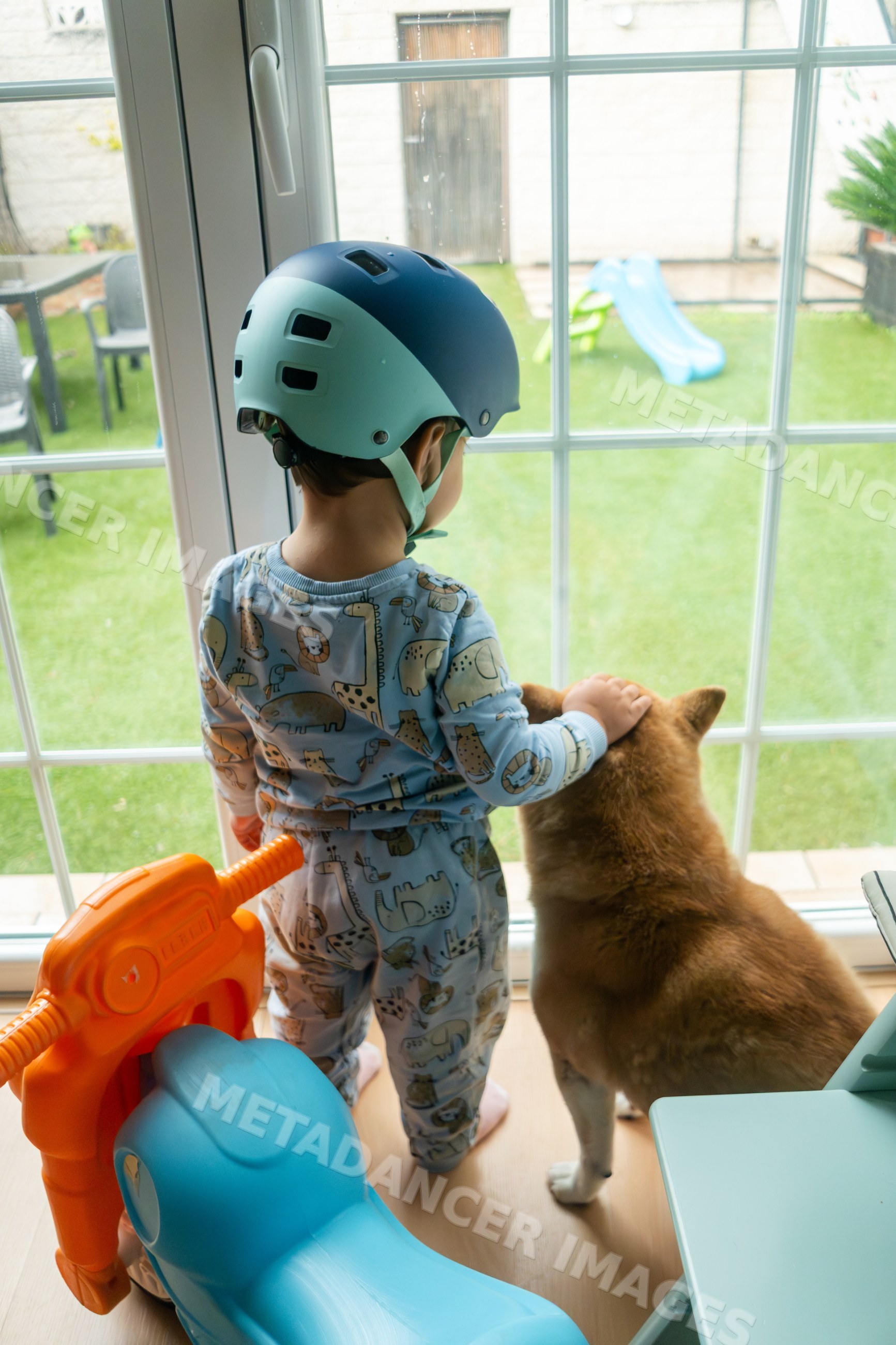 A toddler white boy wearing a helmet stands with his dog inside a home