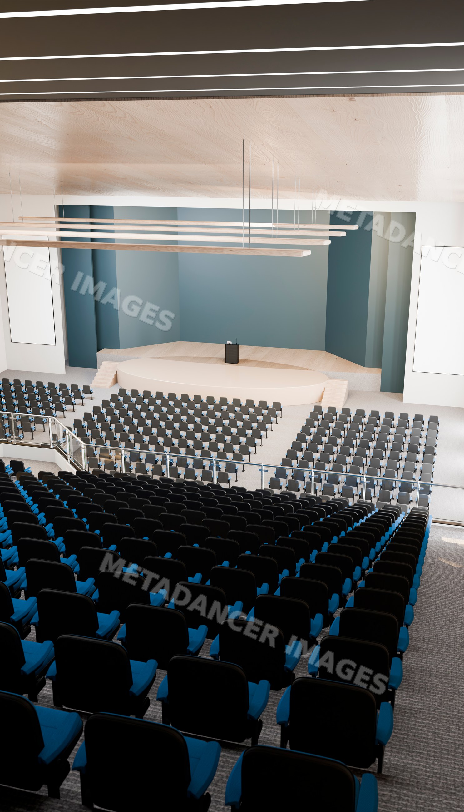 Spacious conference hall with stage and rows of chairs