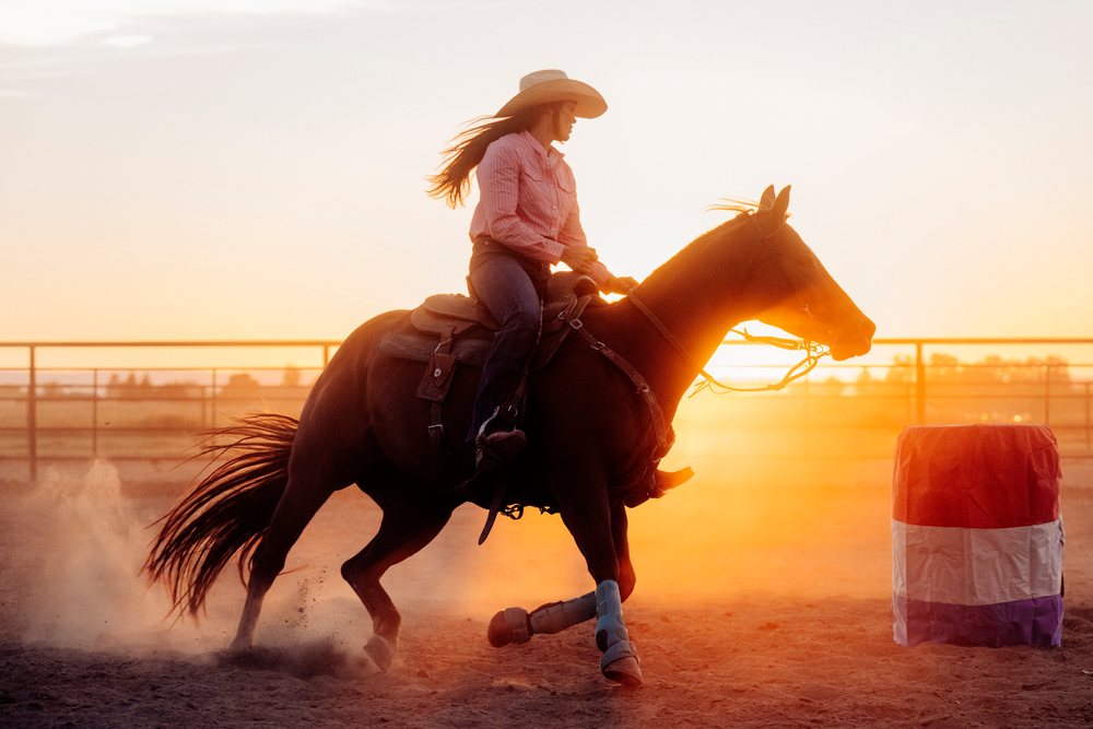 White woman riding horse near barrel at sunset in Southwest USA rodeo