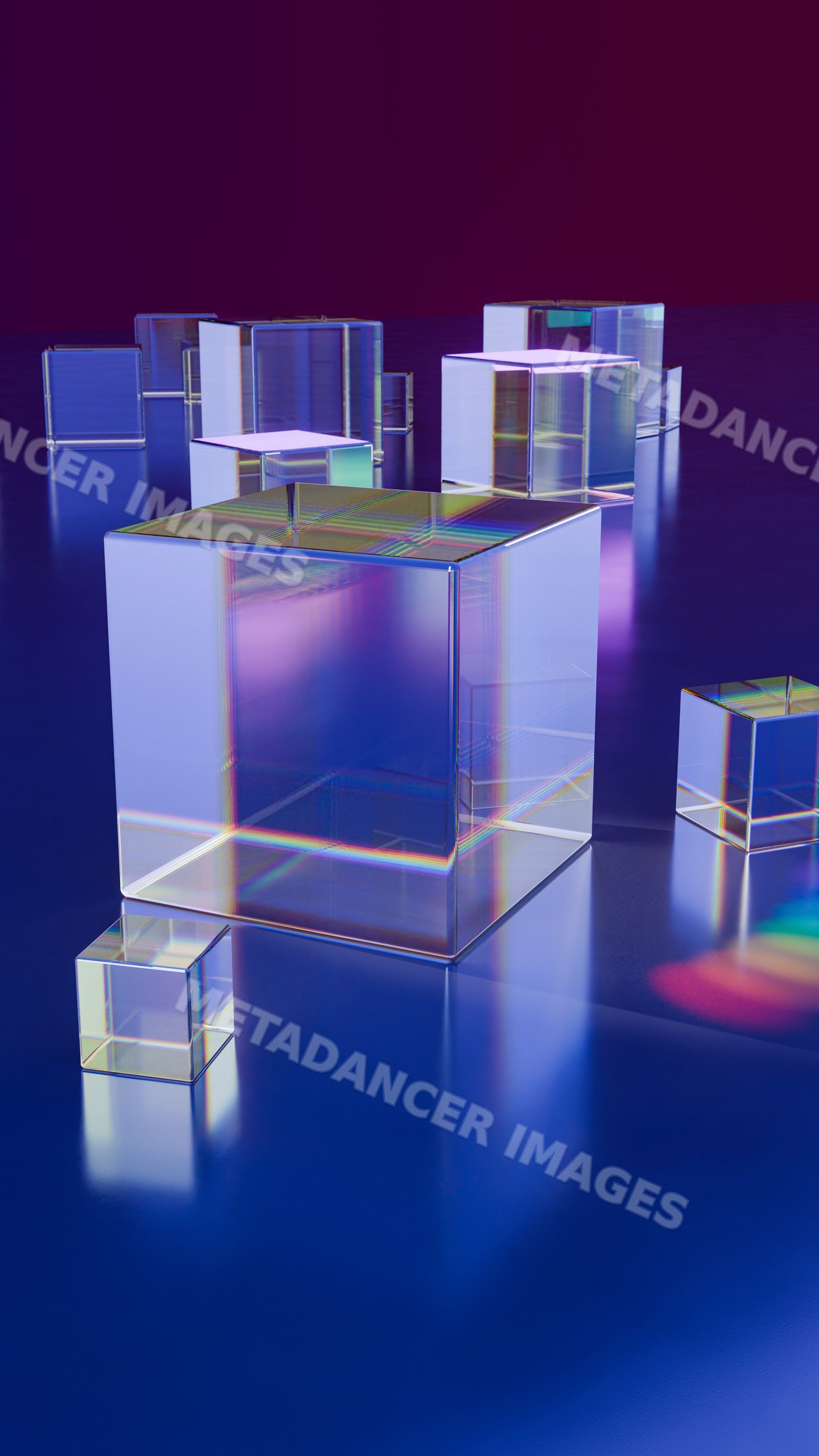 Transparent glass cubes with colorful reflections on blue surface
