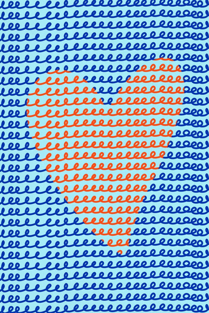 Abstract red heart formed by looping lines over blue line pattern