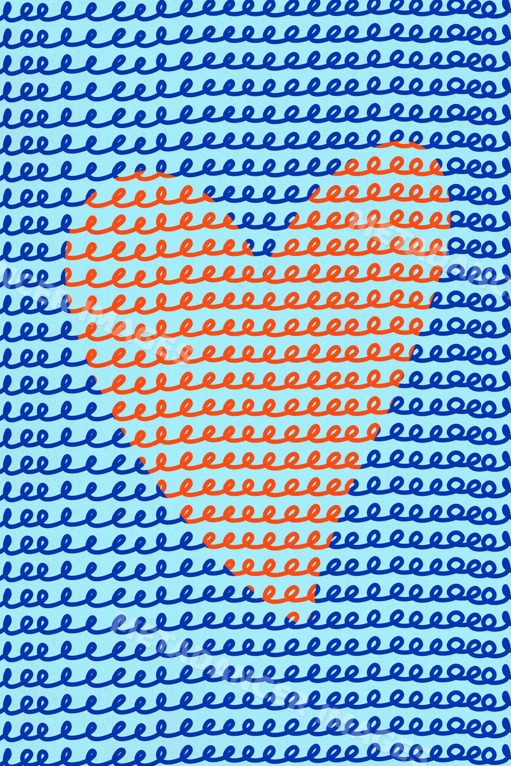 Abstract red heart formed by looping lines over blue line pattern
