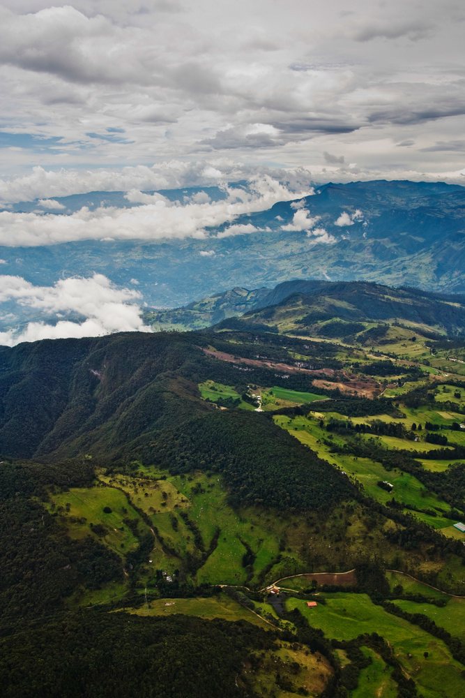 Aerial view of green mountains and hills near bogota colombia