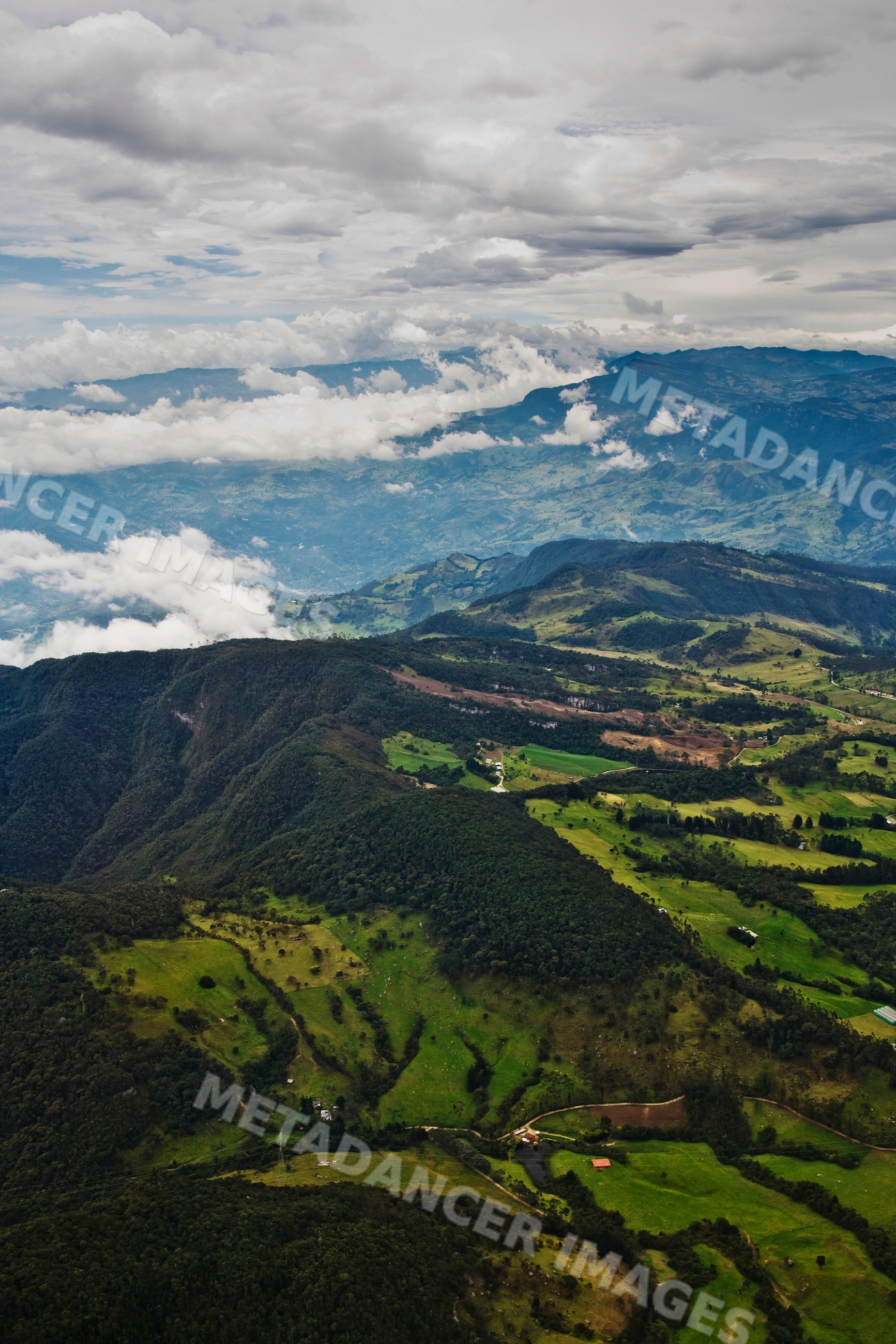 Aerial view of green mountains and hills near bogota colombia