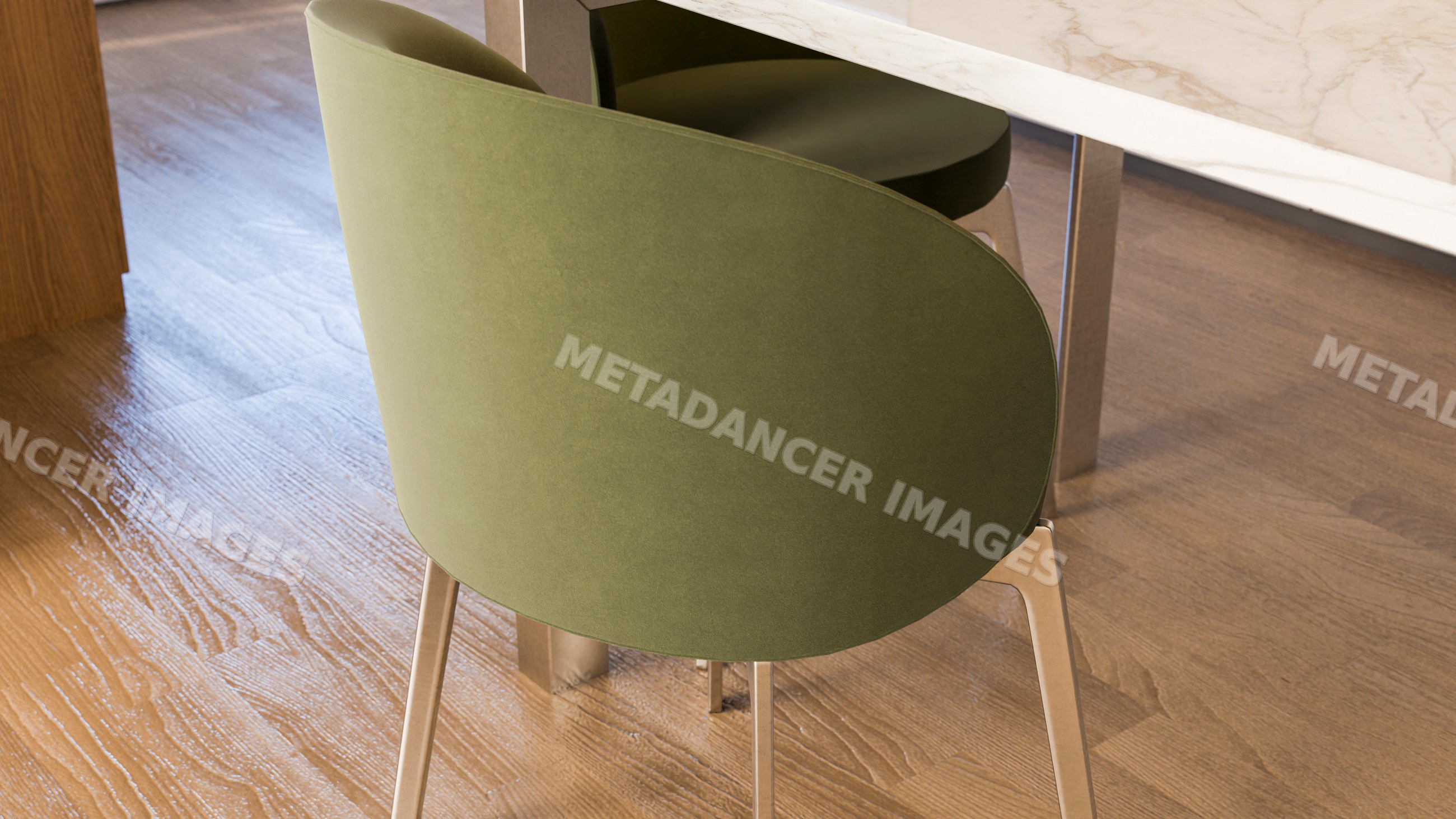 Green upholstered dining chair with metal legs near marble table