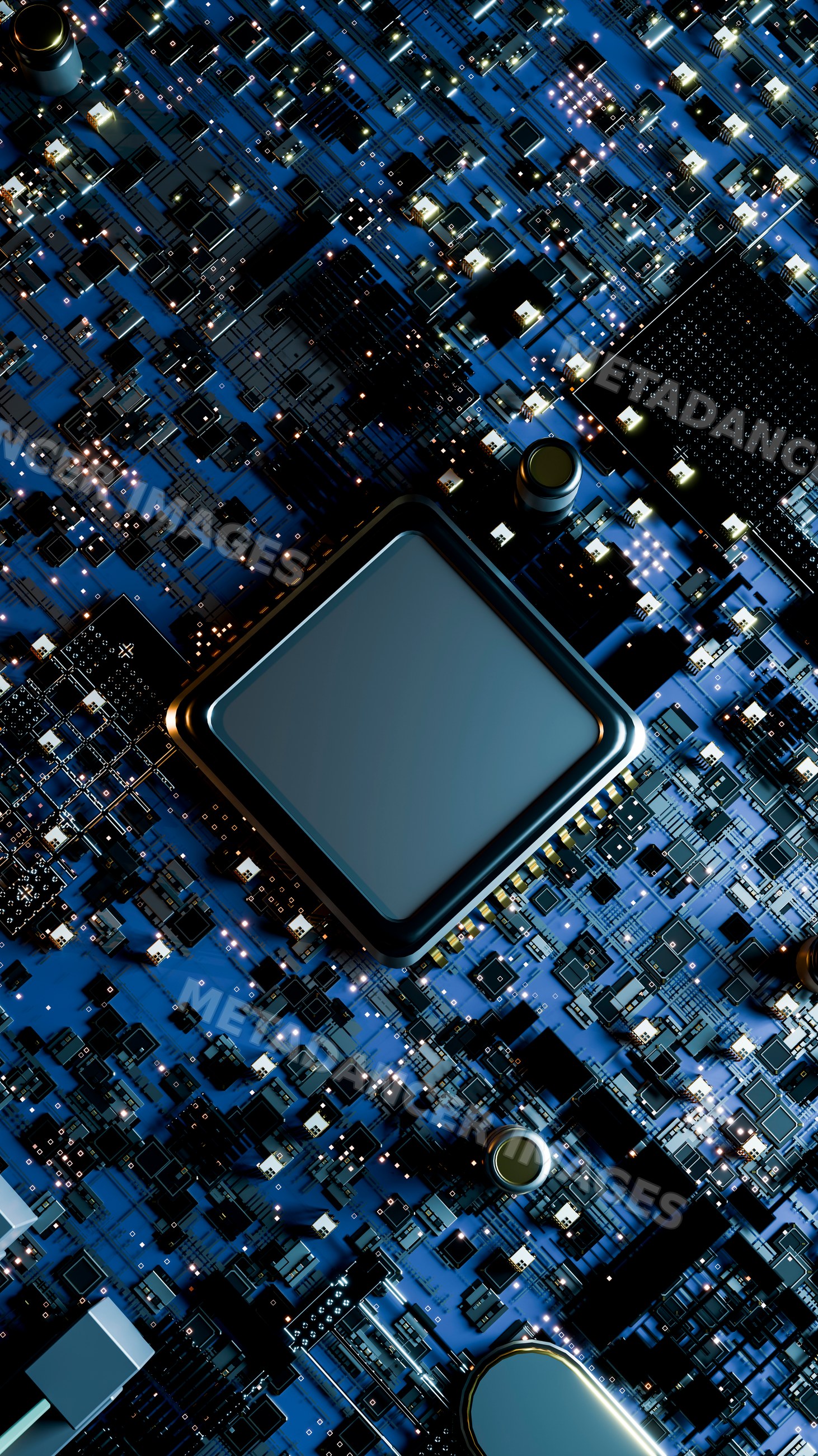 Microchip on blue printed circuit board with electronic components