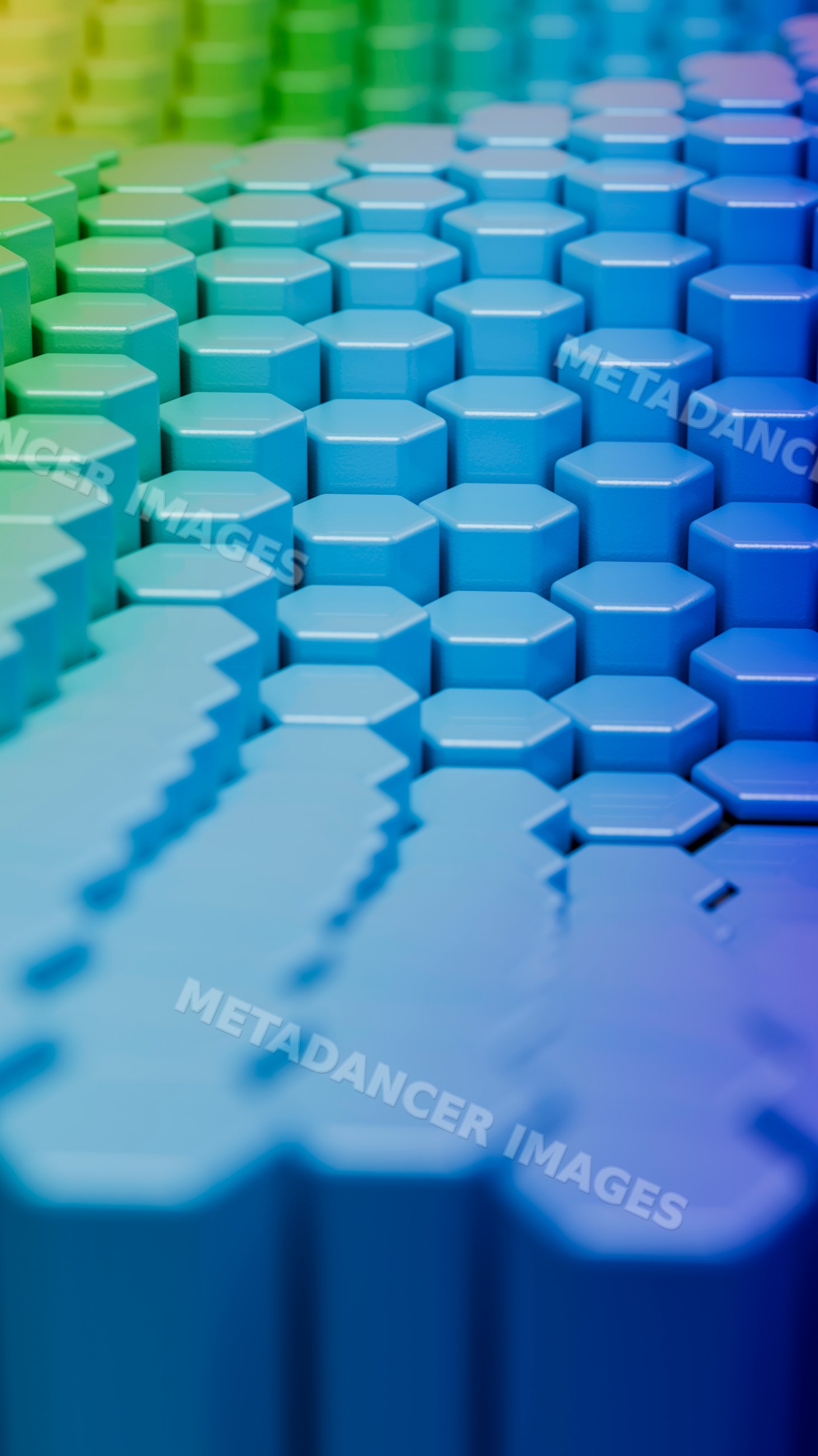 Hexagonal blue and green blocks forming abstract geometric pattern