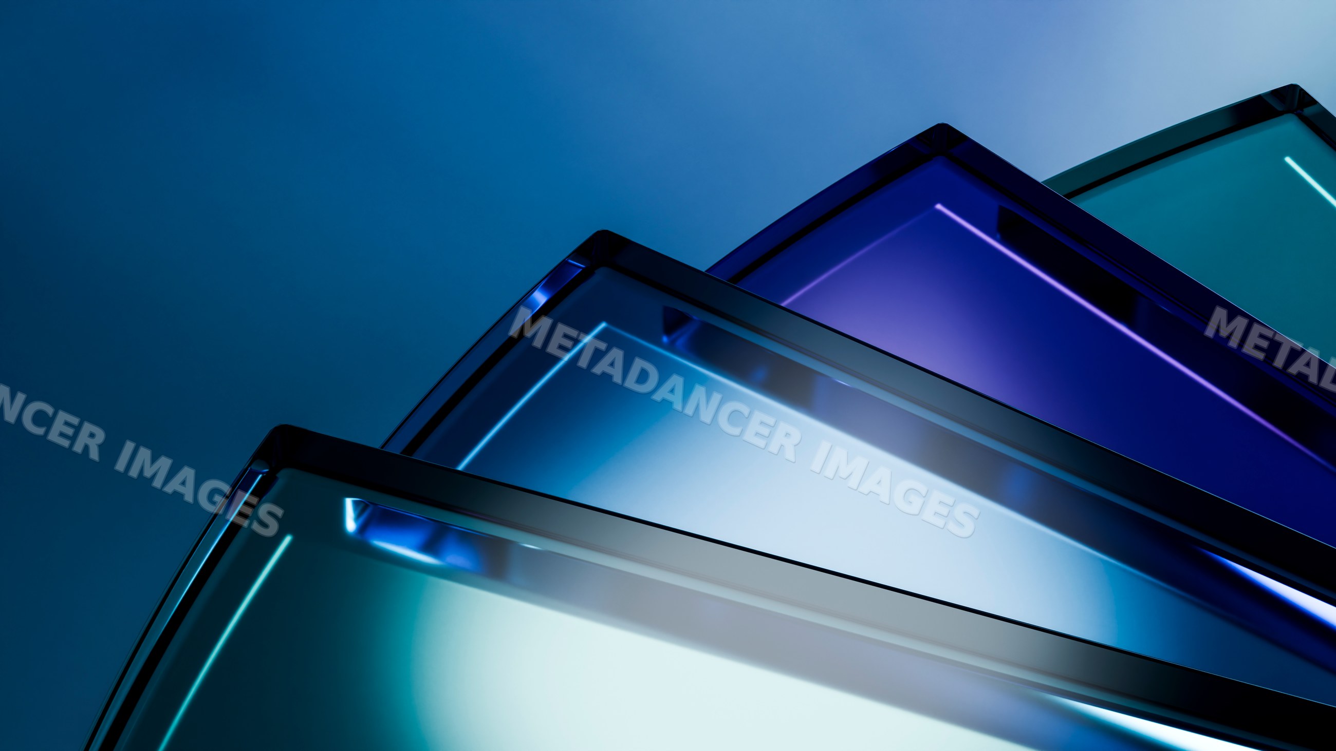 Angled blue glass panels with reflective geometric surfaces