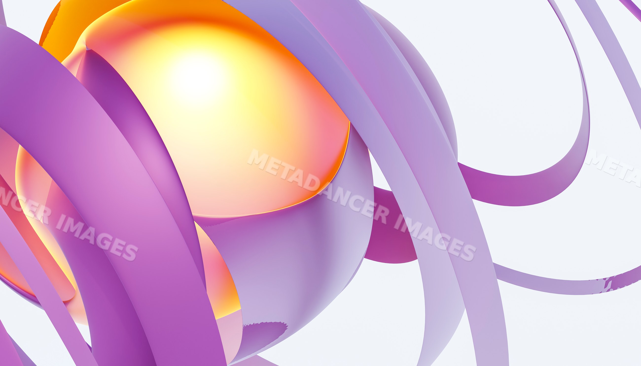 Abstract 3d rendering of a glowing sphere wrapped with purple ribbons
