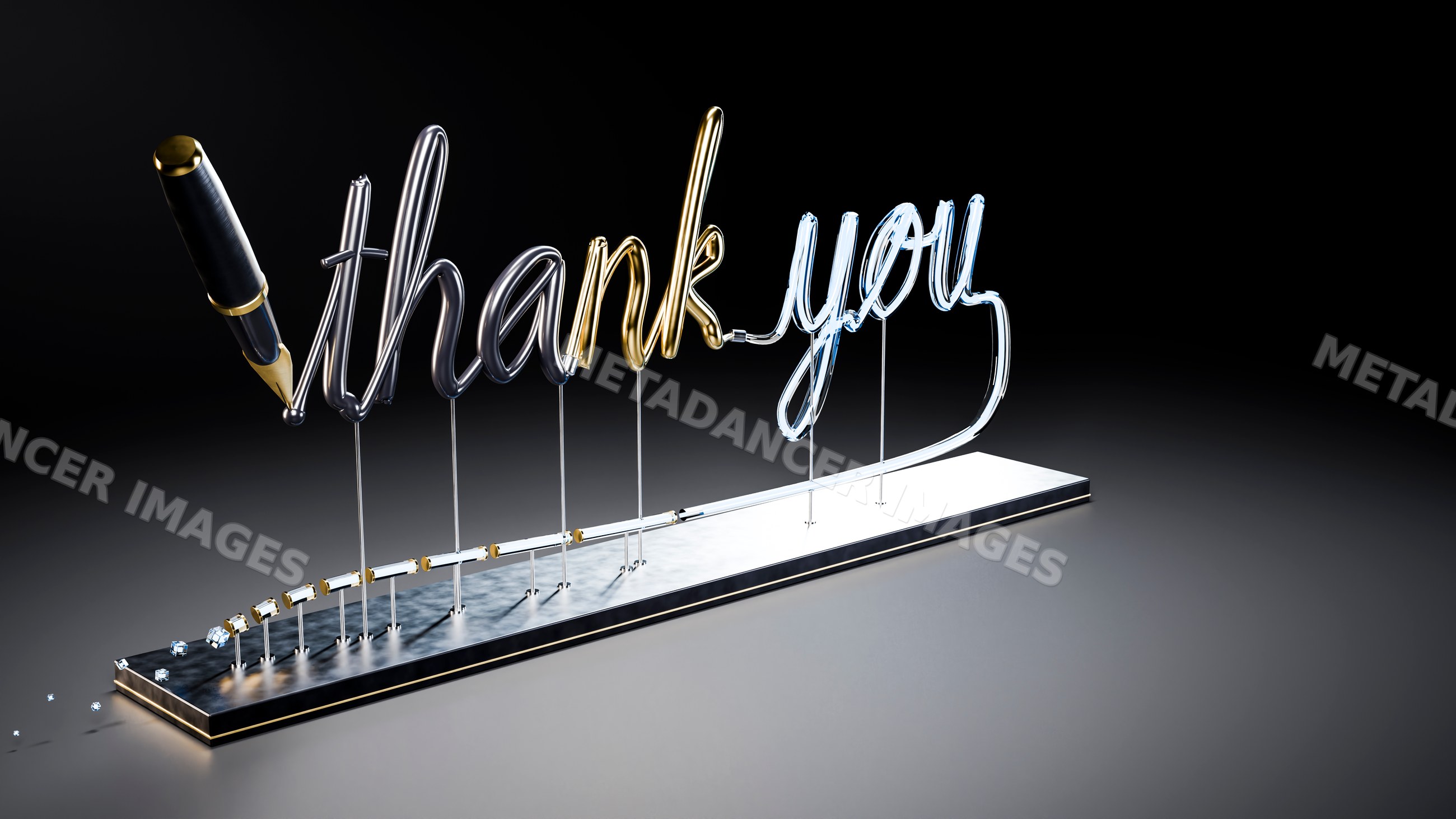 Metallic thank you script with pen tip on stand