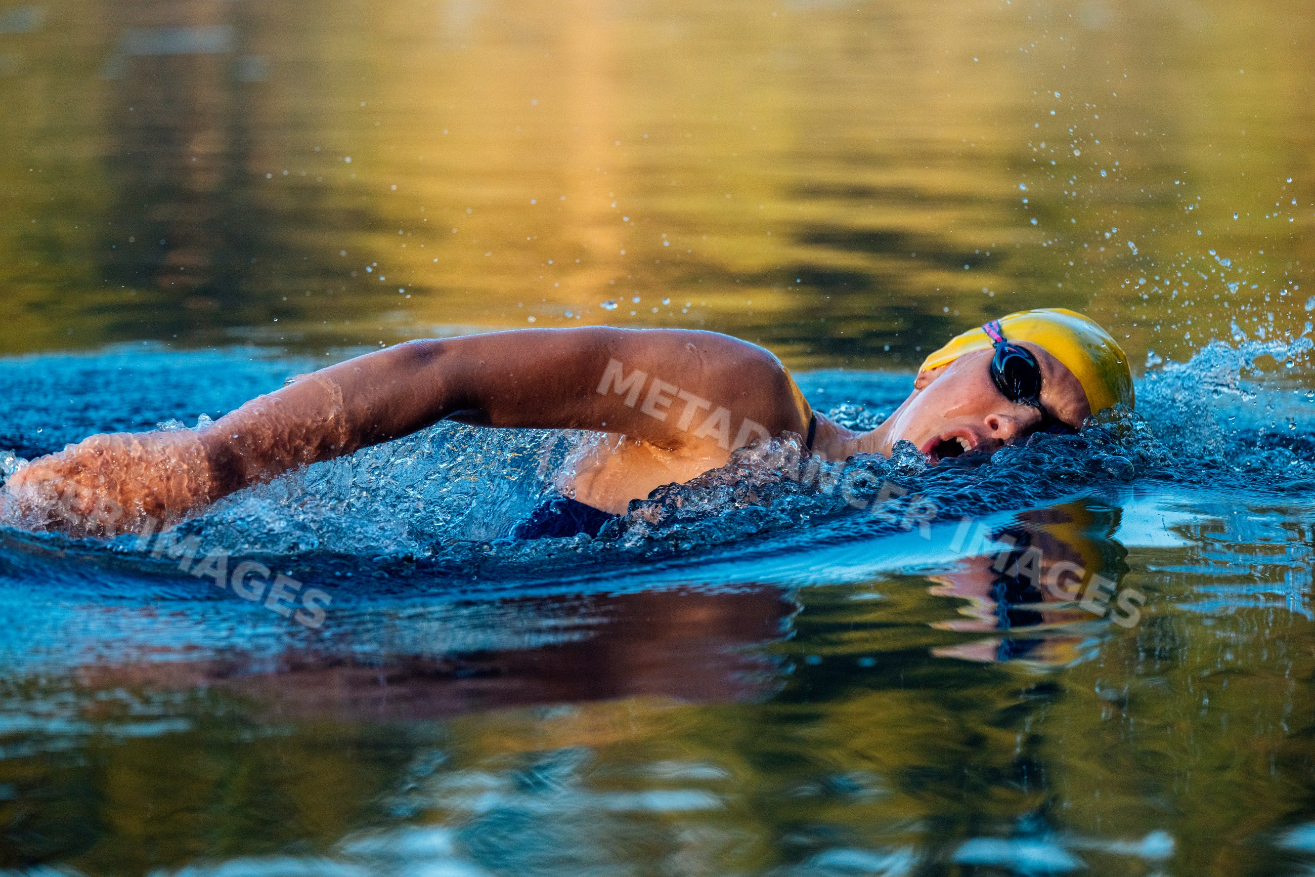Female open water white swimmer performing freestyle stroke