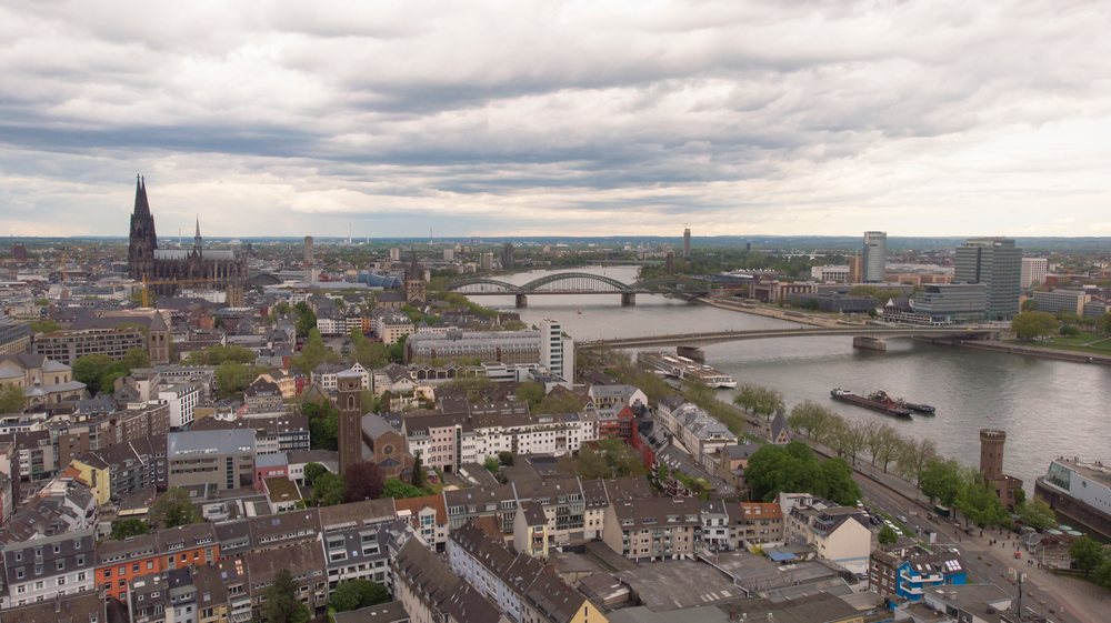 Cityscape of the old town district with Rhine river and cathedral