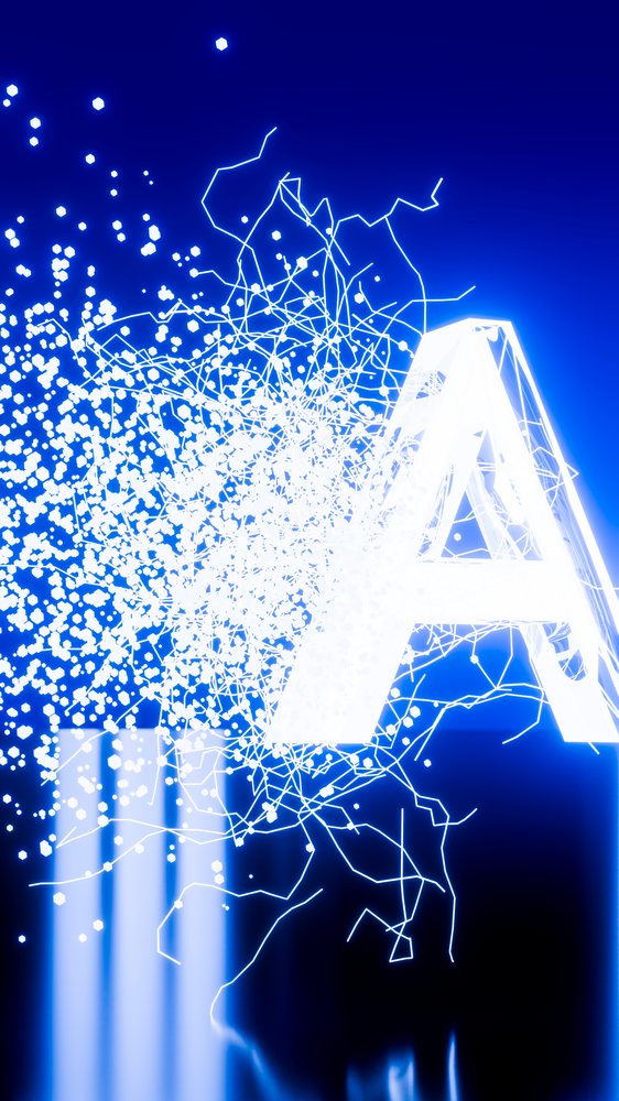 Glowing letter a with digital particles on blue background