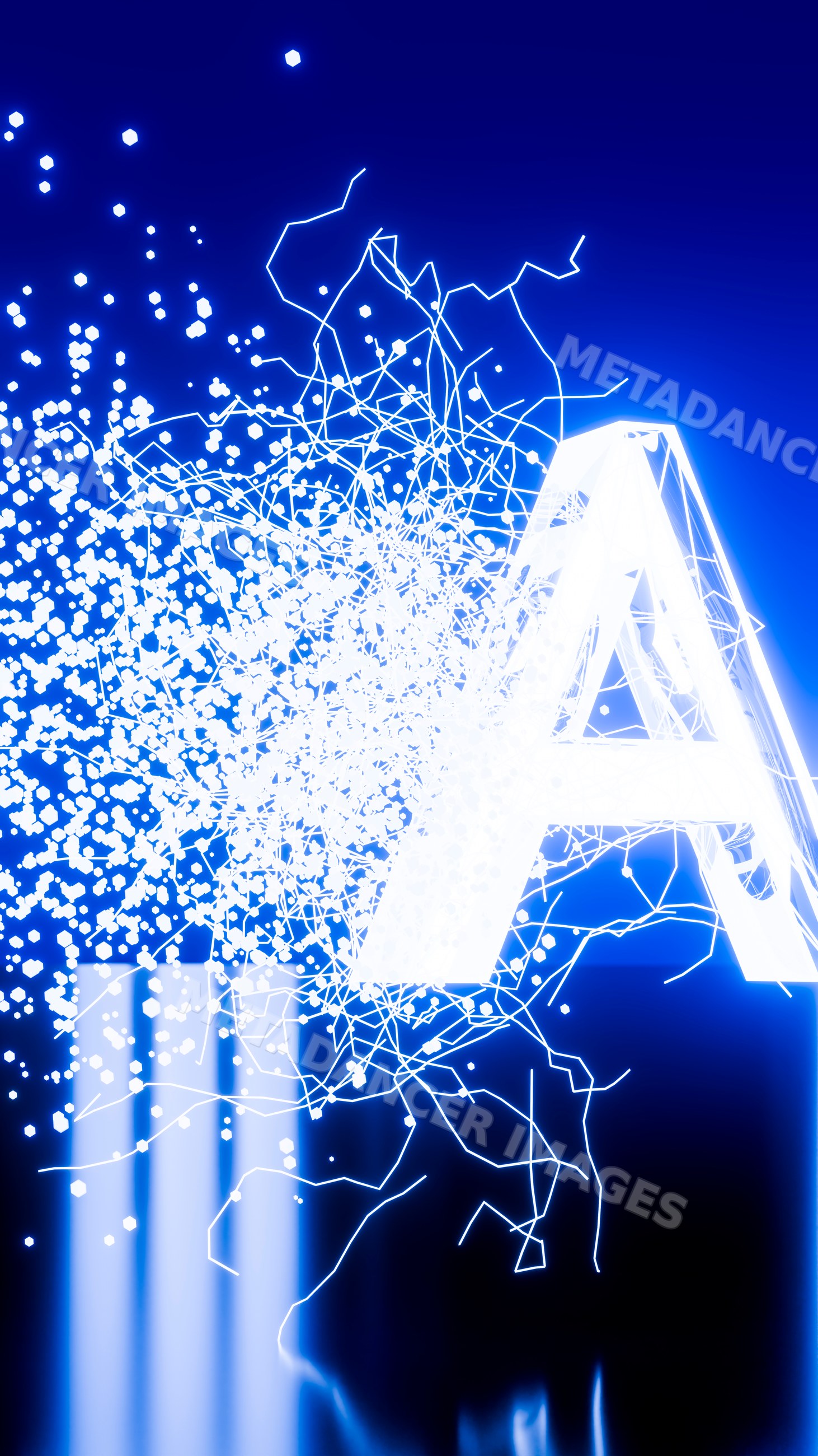 Glowing letter a with digital particles on blue background