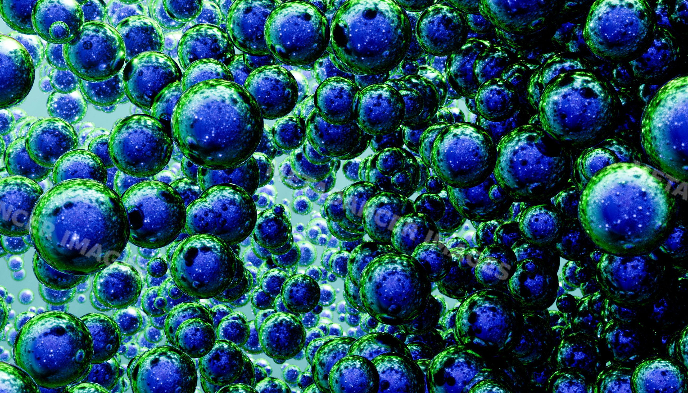 Blue bubbles with green edges clustered in macro liquid view
