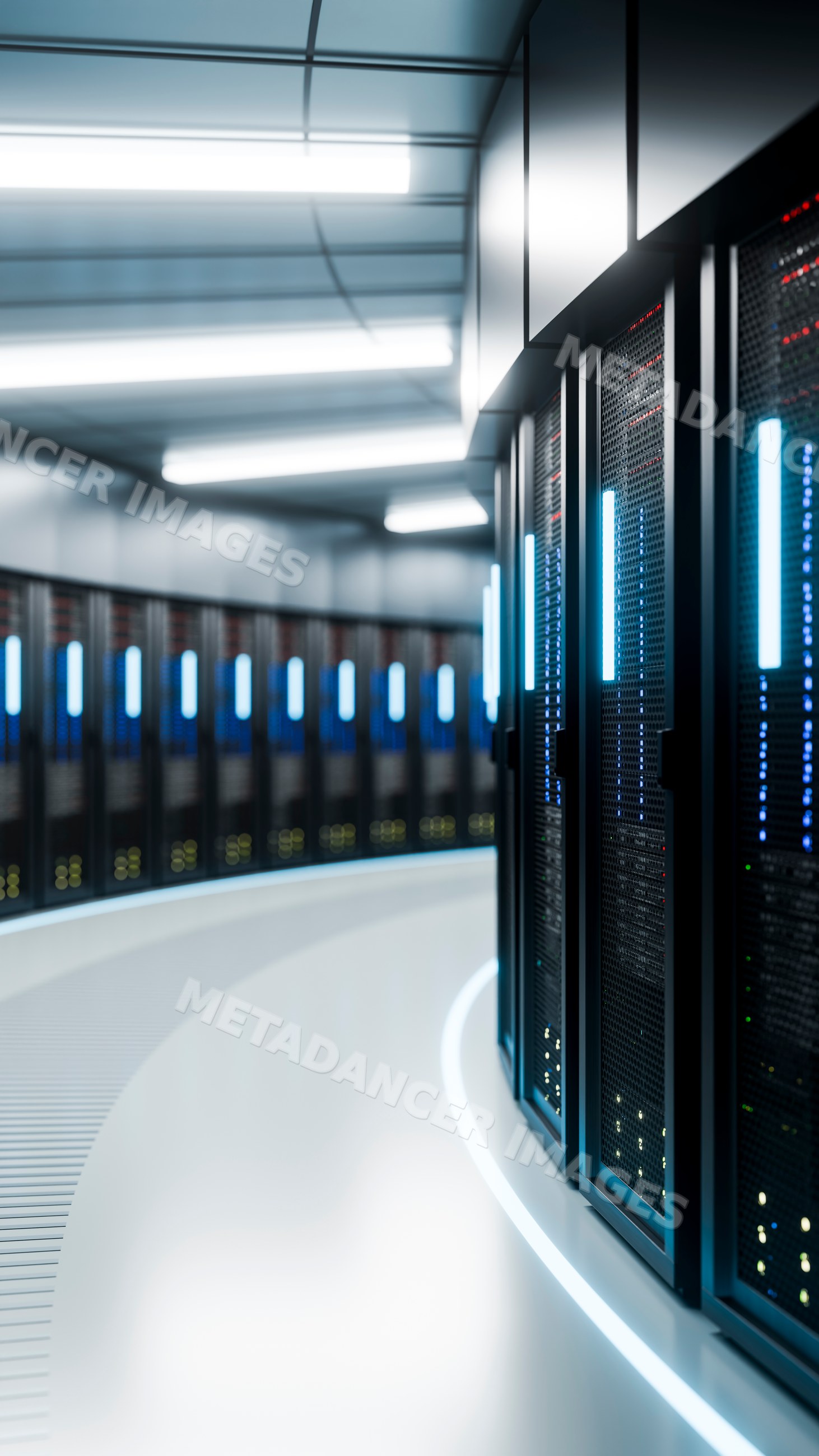 Server racks illuminated inside a high-tech data center room