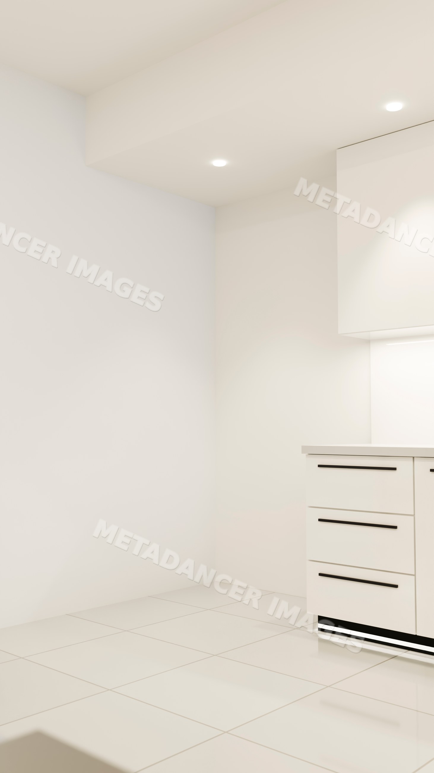 White modern kitchen corner with drawers and tile flooring