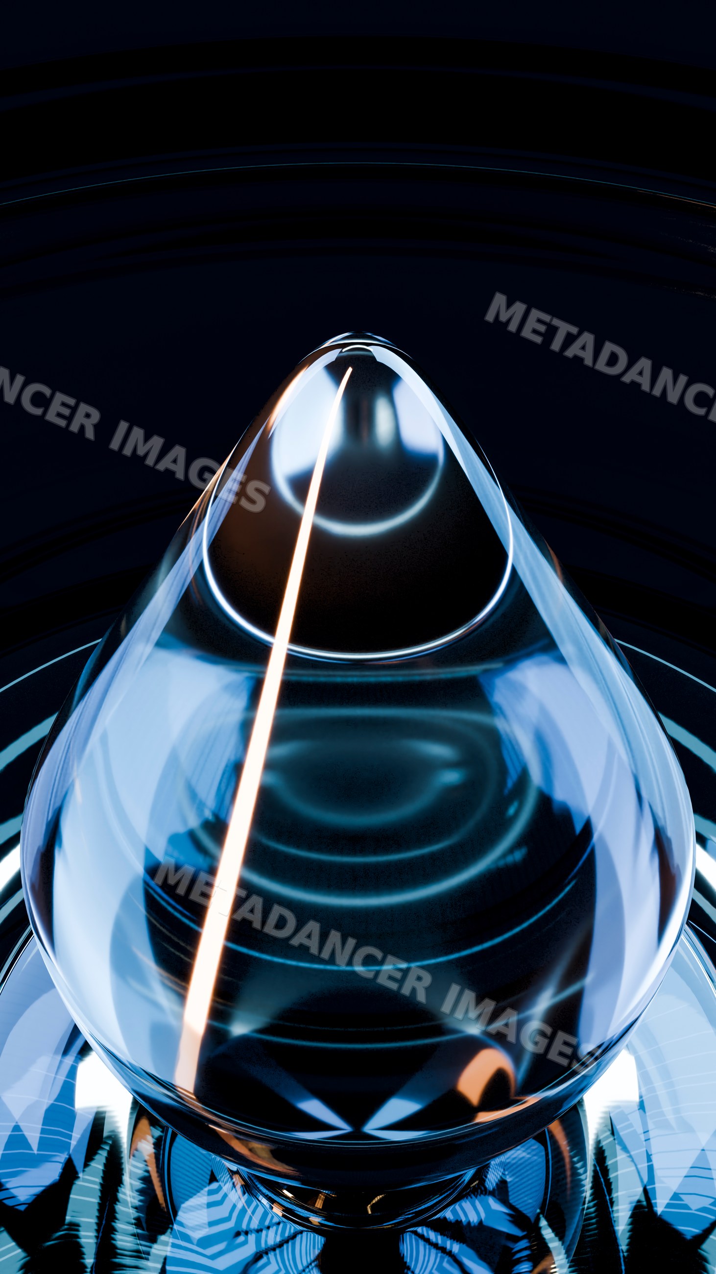 Transparent glass droplet with light reflections on dark surface
