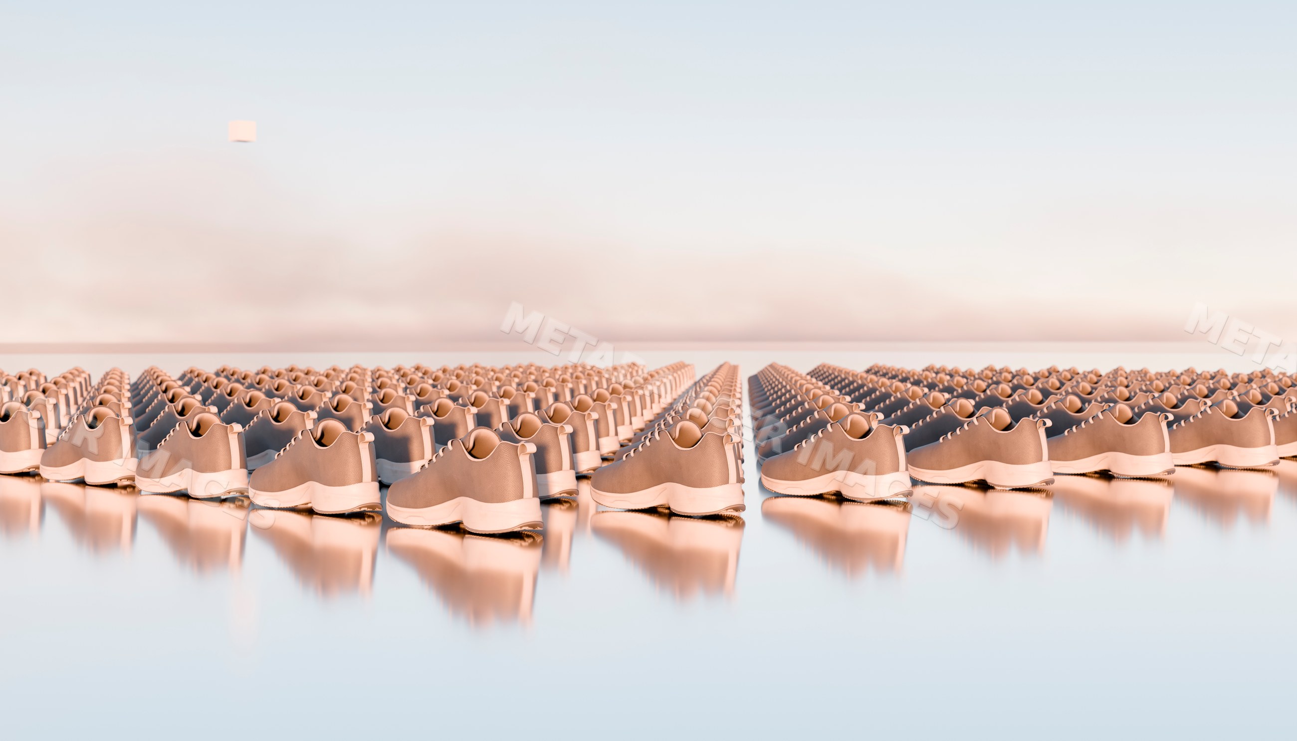 Rows of brown shoes with white soles arranged on reflective surface