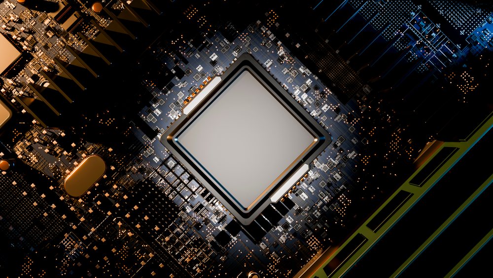 Microchip integrated circuit on high-tech circuit board illustration