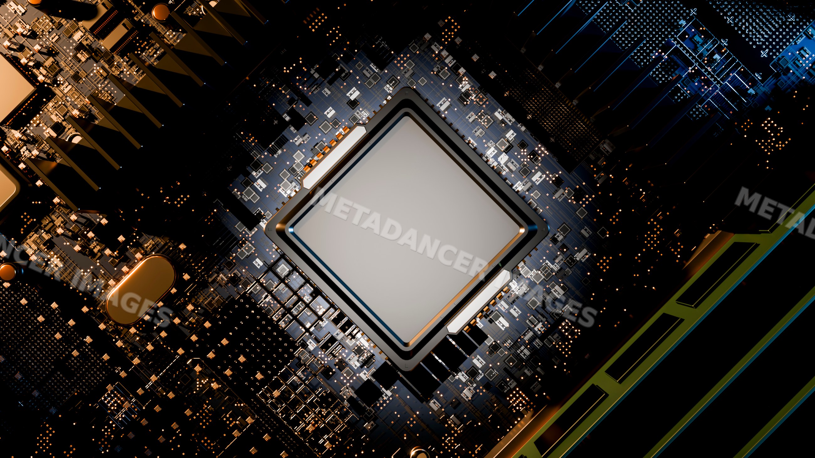 Microchip integrated circuit on high-tech circuit board illustration