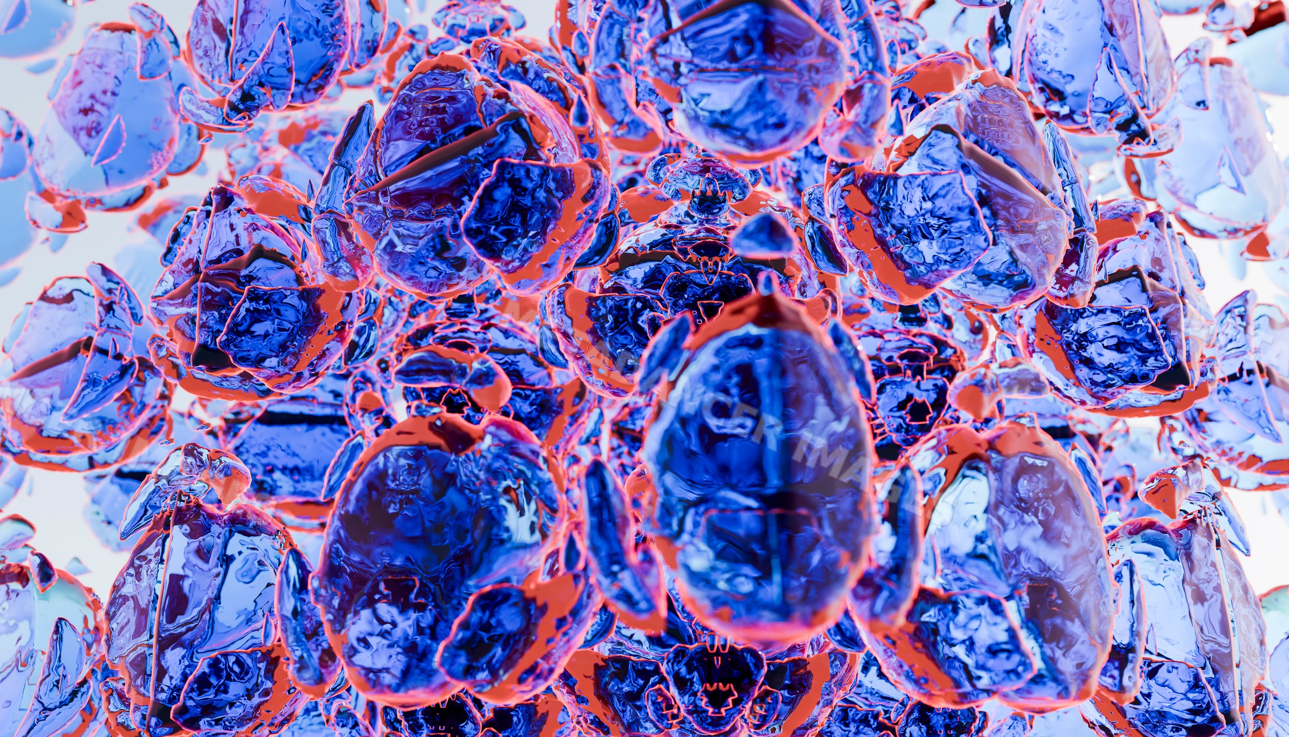 Blue and red abstract crystalline shapes with reflective textures