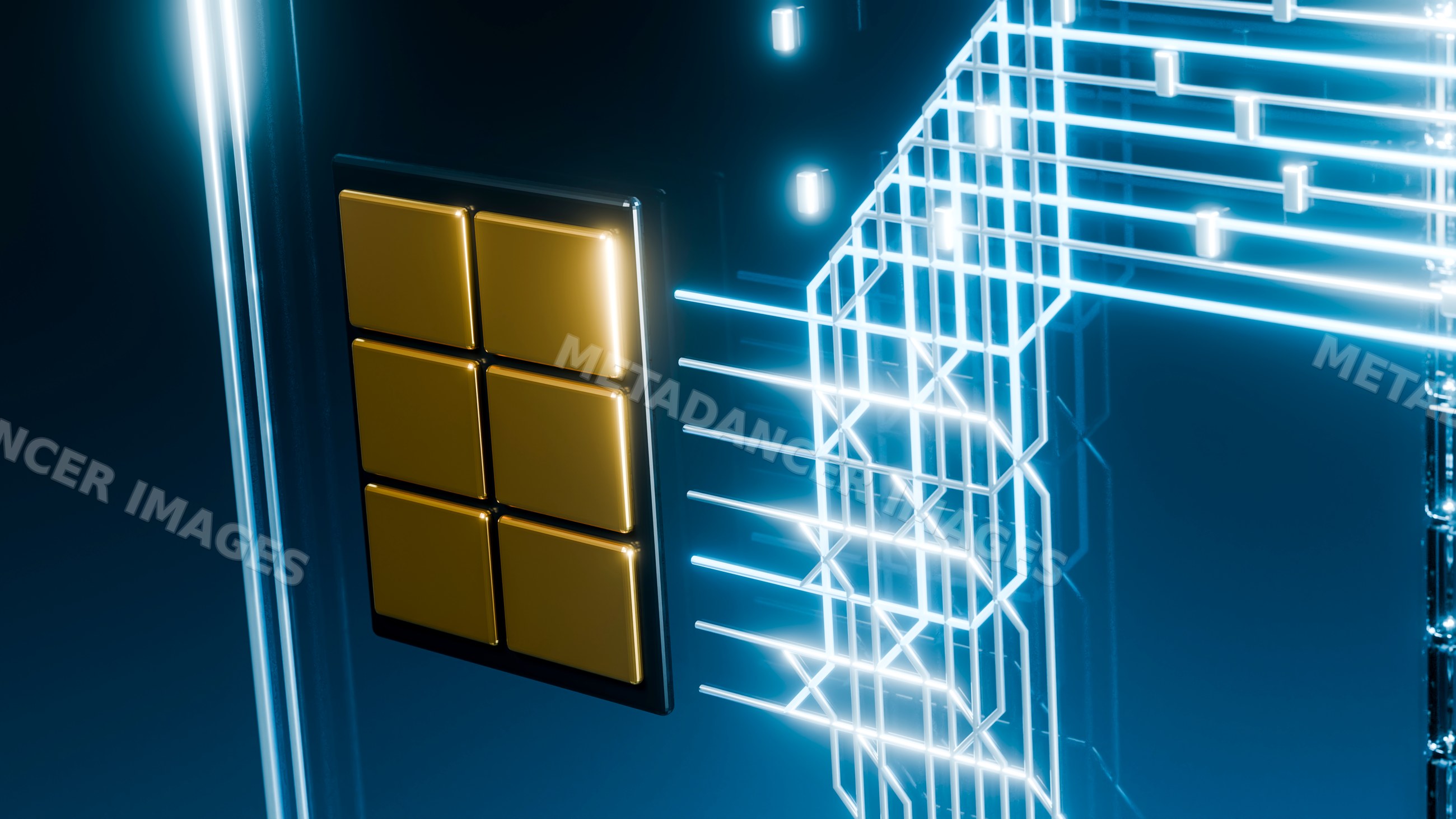 Microchip with glowing blue circuit board