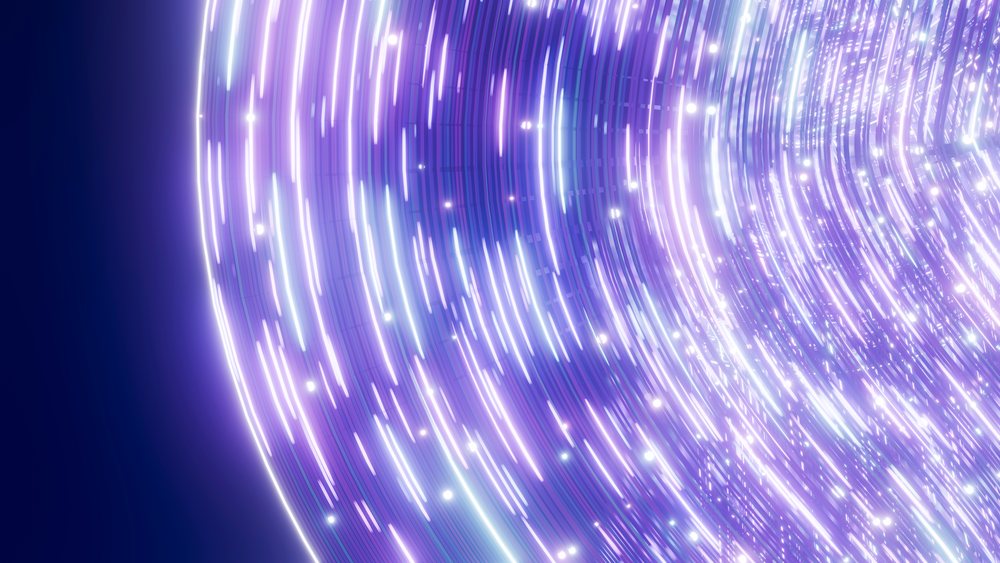 Digital light tunnel with swirling purple and blue glowing streams