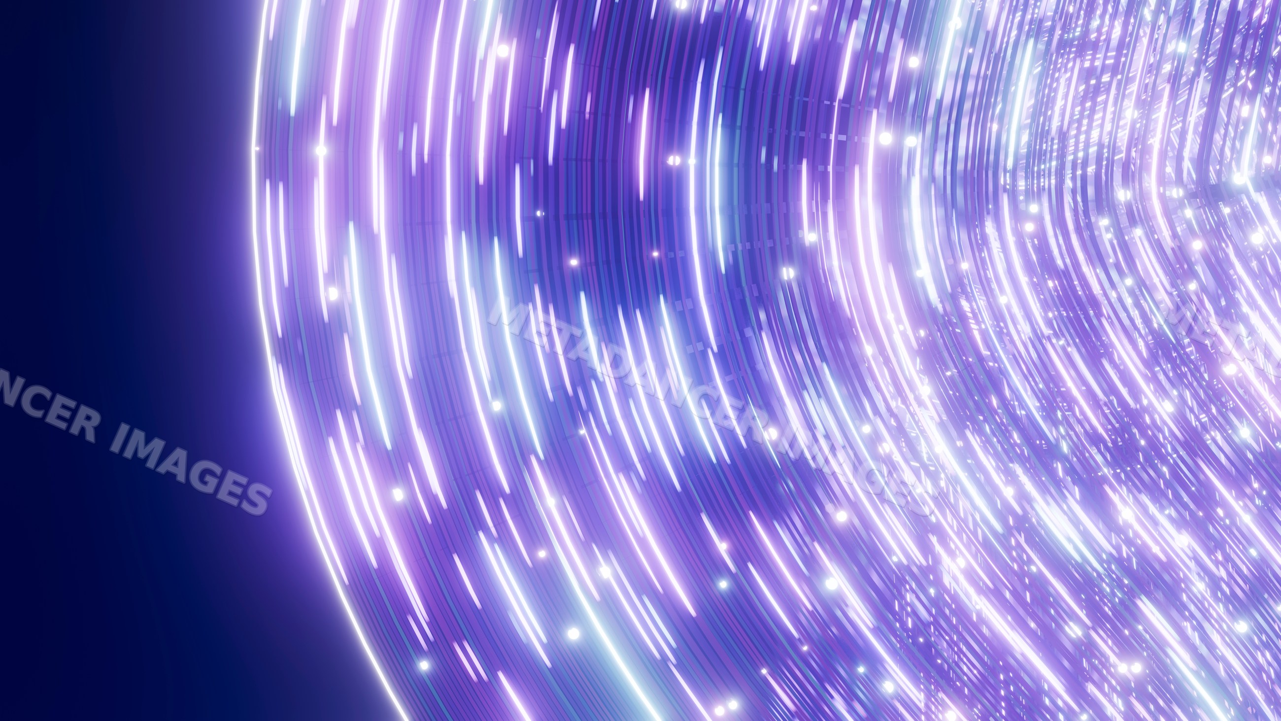 Digital light tunnel with swirling purple and blue glowing streams