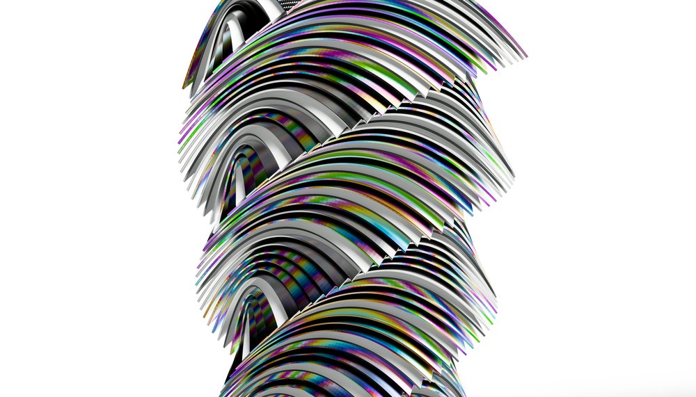 Stacked magazines with colorful curved pages in abstract spiral form