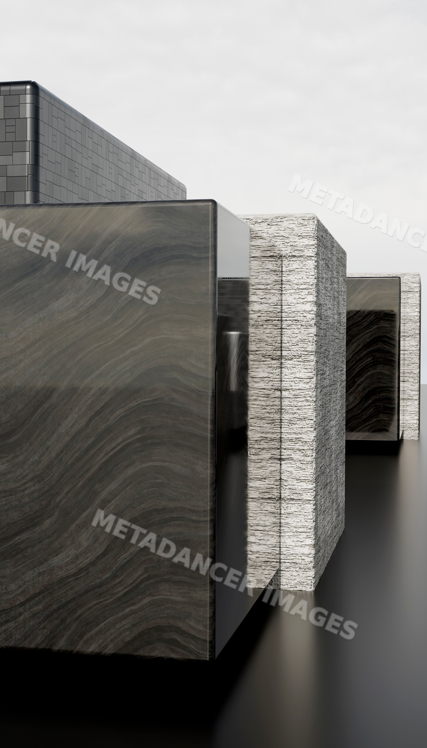 Abstract 3d rendering of black and gray textured cubes on a black