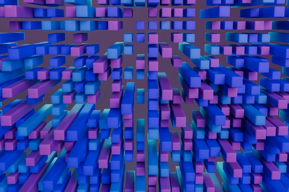 3d rendered abstract pattern of blue and purple rectangular blocks