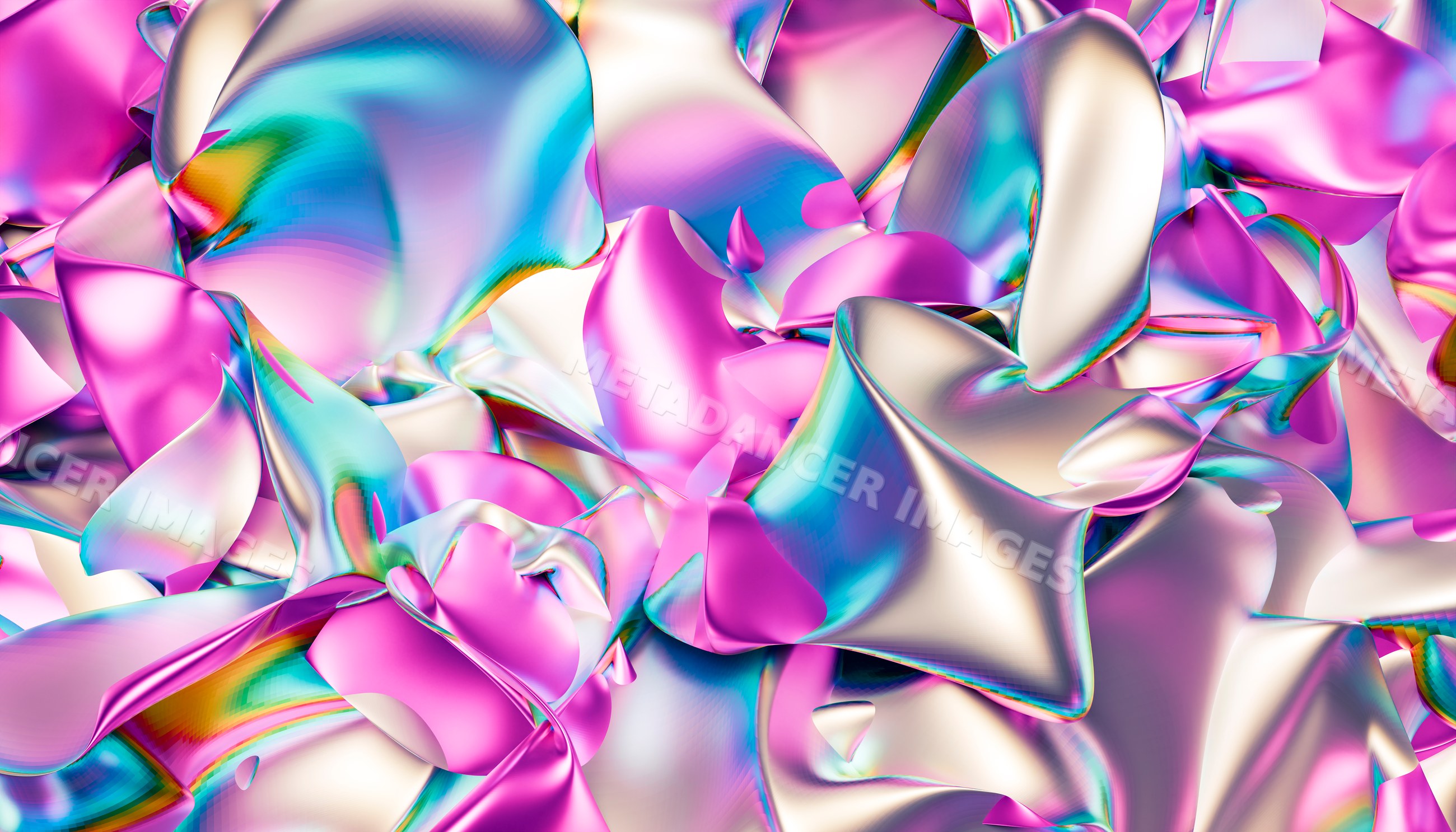 Colorful abstract iridescent shapes with fluid metallic textures