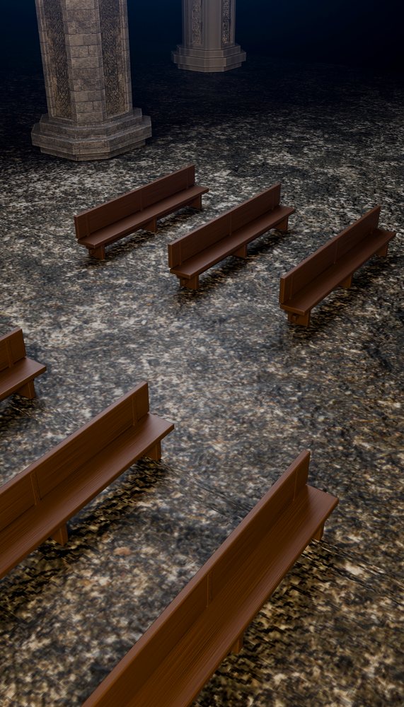 Wooden benches and stone columns in gothic-style church interior