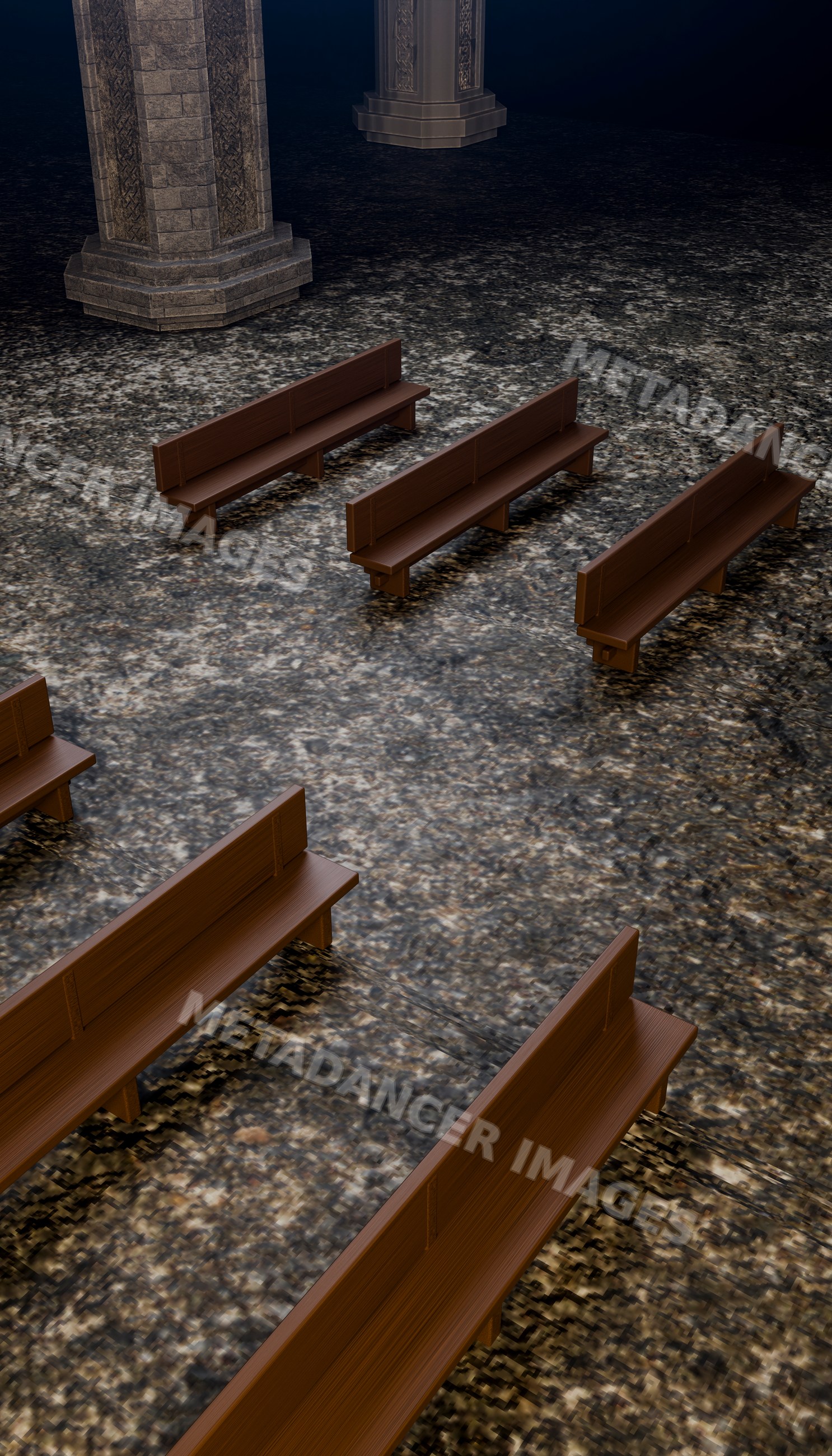 Wooden benches and stone columns in gothic-style church interior