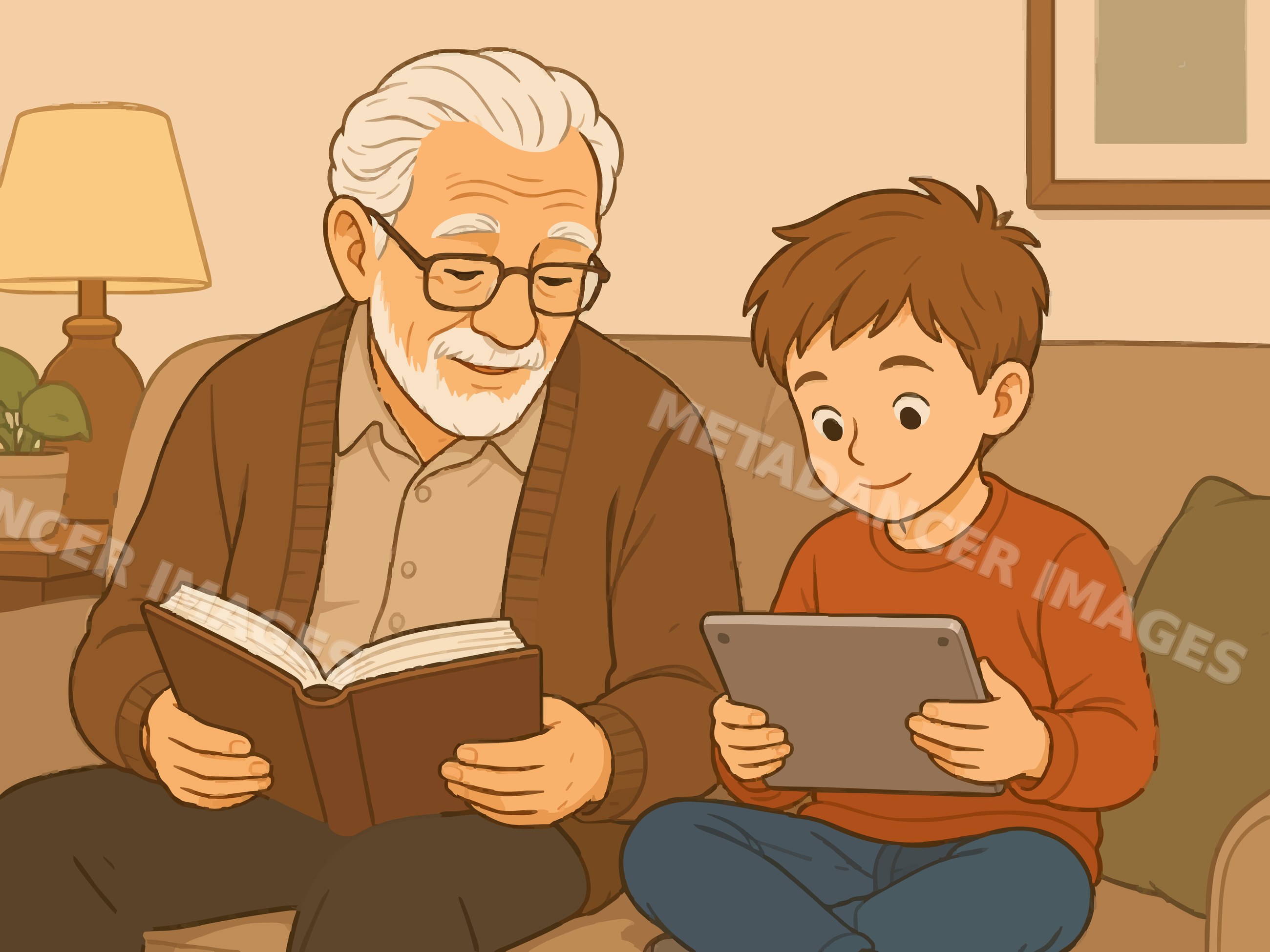 Grandfather reading while grandson uses tablet in living room