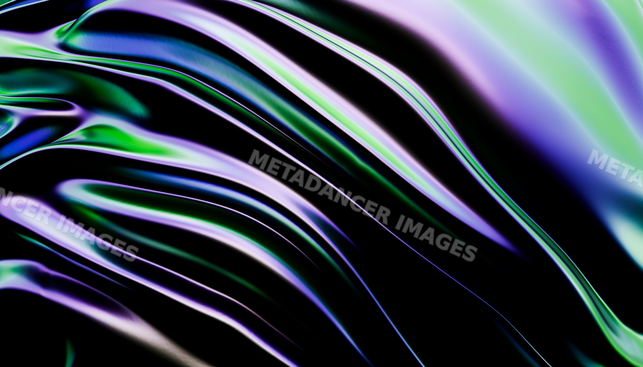 Abstract colorful fluid waves with purple and green tones on a dark