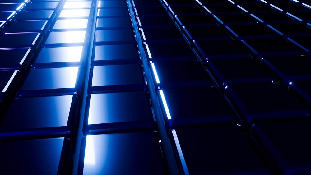 Glossy blue rectangular tiles with light reflections